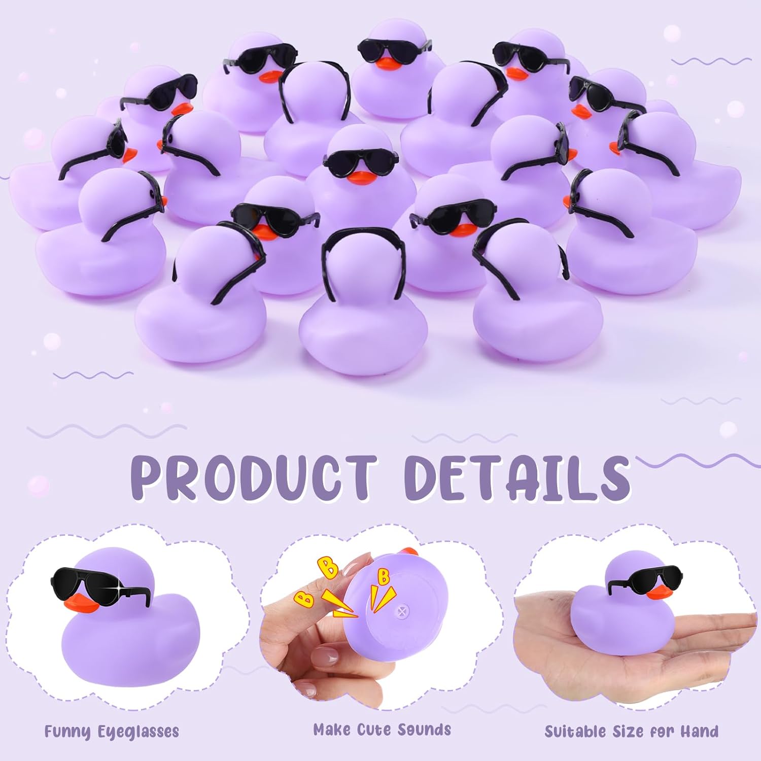 Sosation 36 Packs Mini Rubber Ducks with Sunglasses Sets 2.2 Inch Bath Squeaky Rubber Duckies Cute Float Bathtub Toys for Birthday Party Favors Class Carnival Prizes Car Decor(Light Purple)