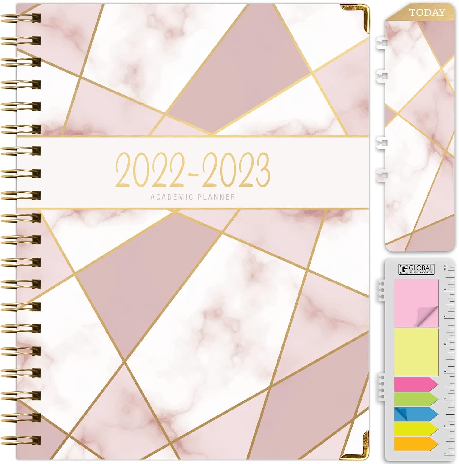 HARDCOVER Academic Year 2022-2023 Planner: (June 2022 Through July 2023) 8.5"x11" Daily Weekly Monthly Planner Yearly Agenda. Bookmark, Pocket Folder and Sticky Note Set (Pink Mosaic Triangles Foil)
