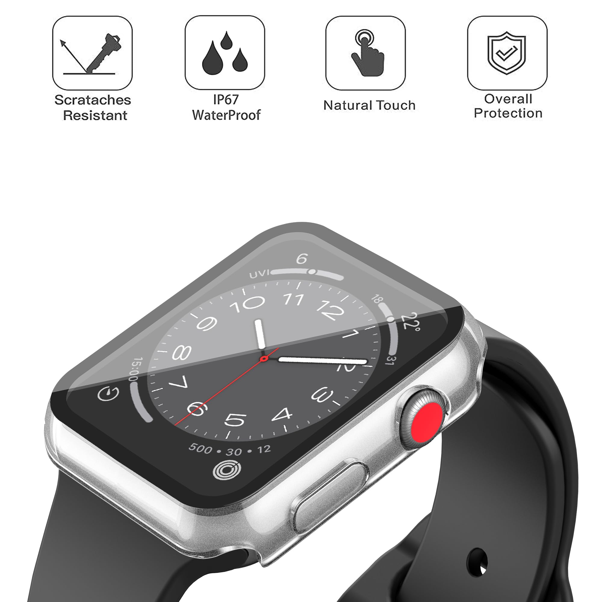 Misxi Wasserdichte Schutzhülle mit Knopf für Apple Watch Serie 3 Serie 2, 42 mm, harte PC-Abdeckung mit Displayschutzfolie aus gehärtetem Glas, für iWatch S3/S2, 1 Schwarz + 1 Transparent