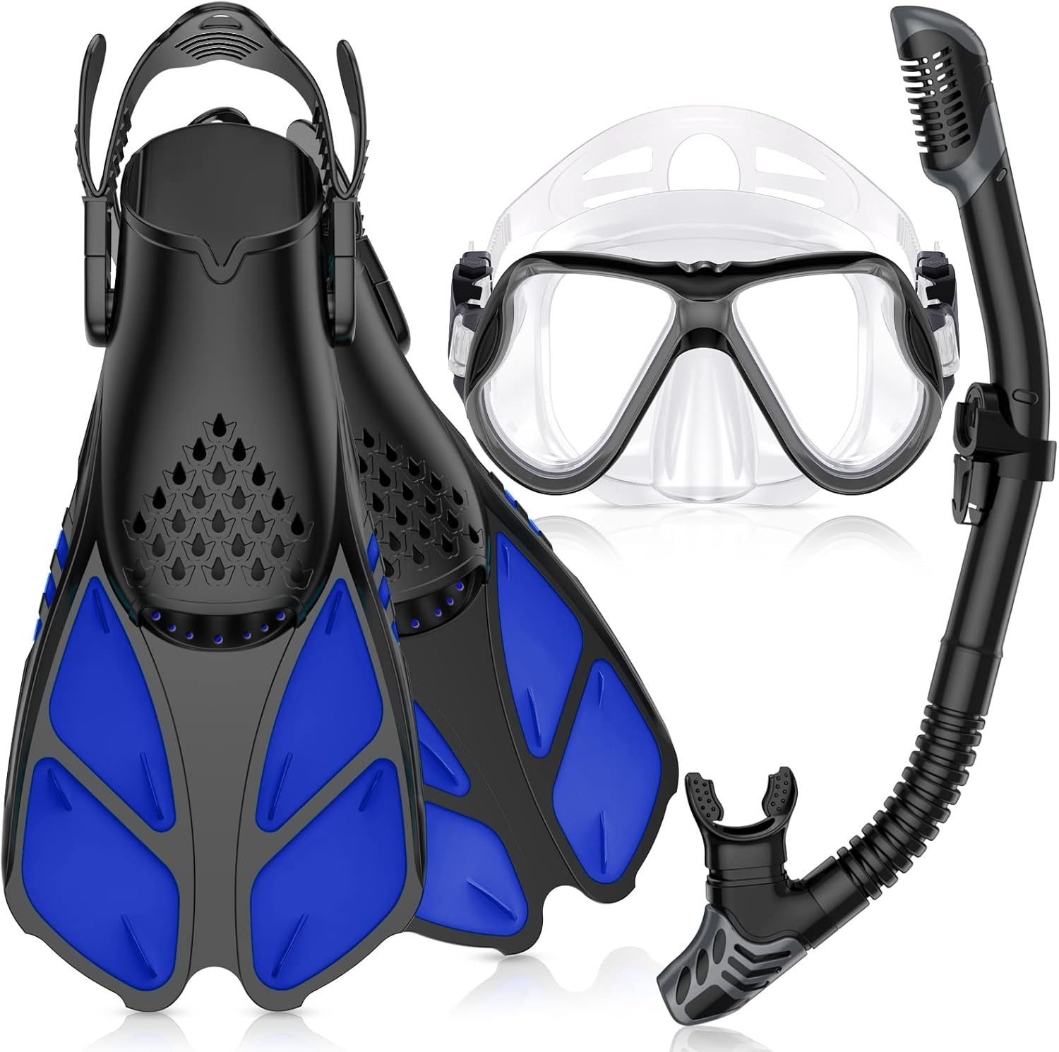Greatever Snorkeling Gear for Adult, Mask Fins Snorkel Set Combo Ideal Gift for Swimming or Diving (White Black-Blue-L)