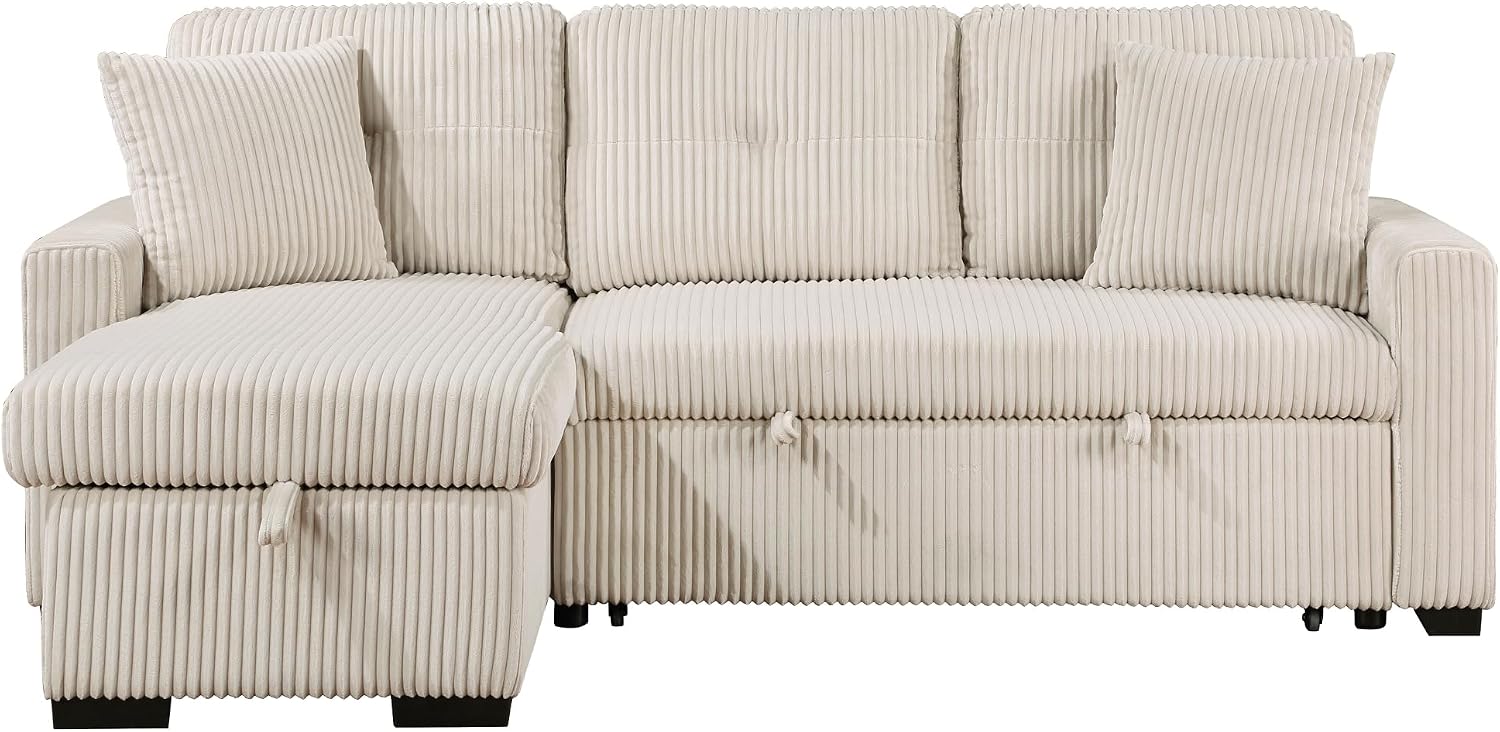 Lexicon Reversible Sectional Couches for Living Room, Corduroy Couch, Convertible L Shaped Sleeper Sectional Sofa with Storage Chaise, Pull Out Sofa Bed, 83.5 inch Sleeper Sofa, Beige