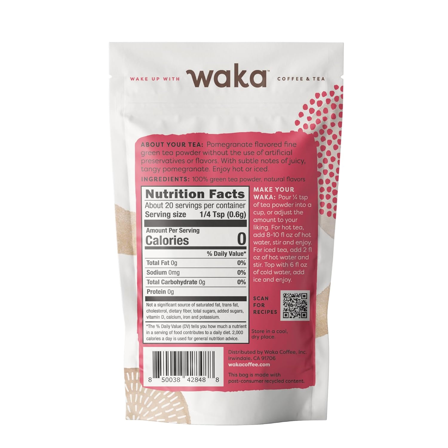 Waka Premium Instant Tea — No Sugar Added & Unsweetened Green Tea (200 Cups) & Pomegranate Flavor (20 Cups)