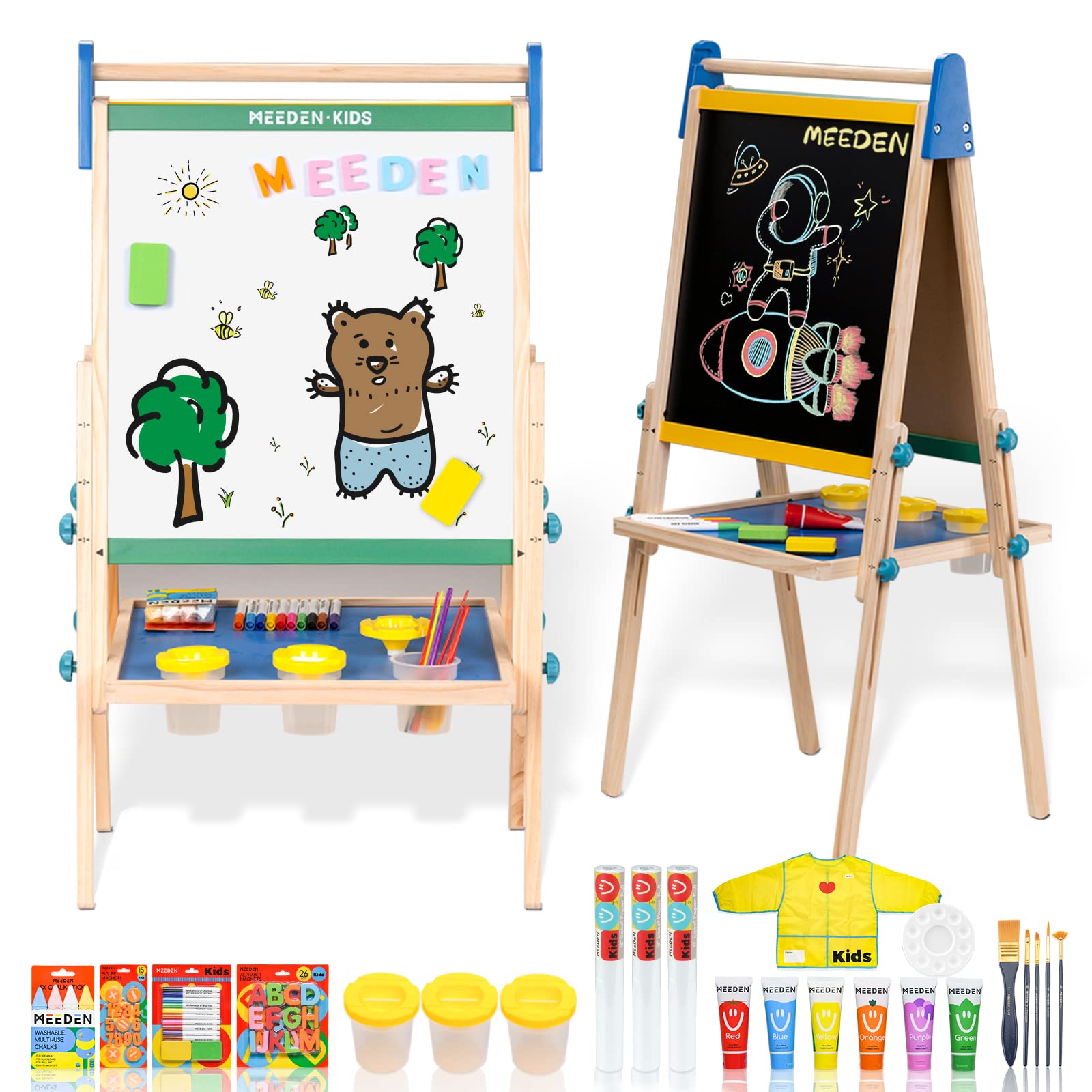 MEEDEN Kids Art Easel for Toddler 2-8 Years, Dual-Sided Magnetic Chalkboard & Whiteboard, Deluxe Adjustable Standing Toddler Easel with 3 Paper Rolls, 6 Finger Paints, All-in-one Kids Art Accessories