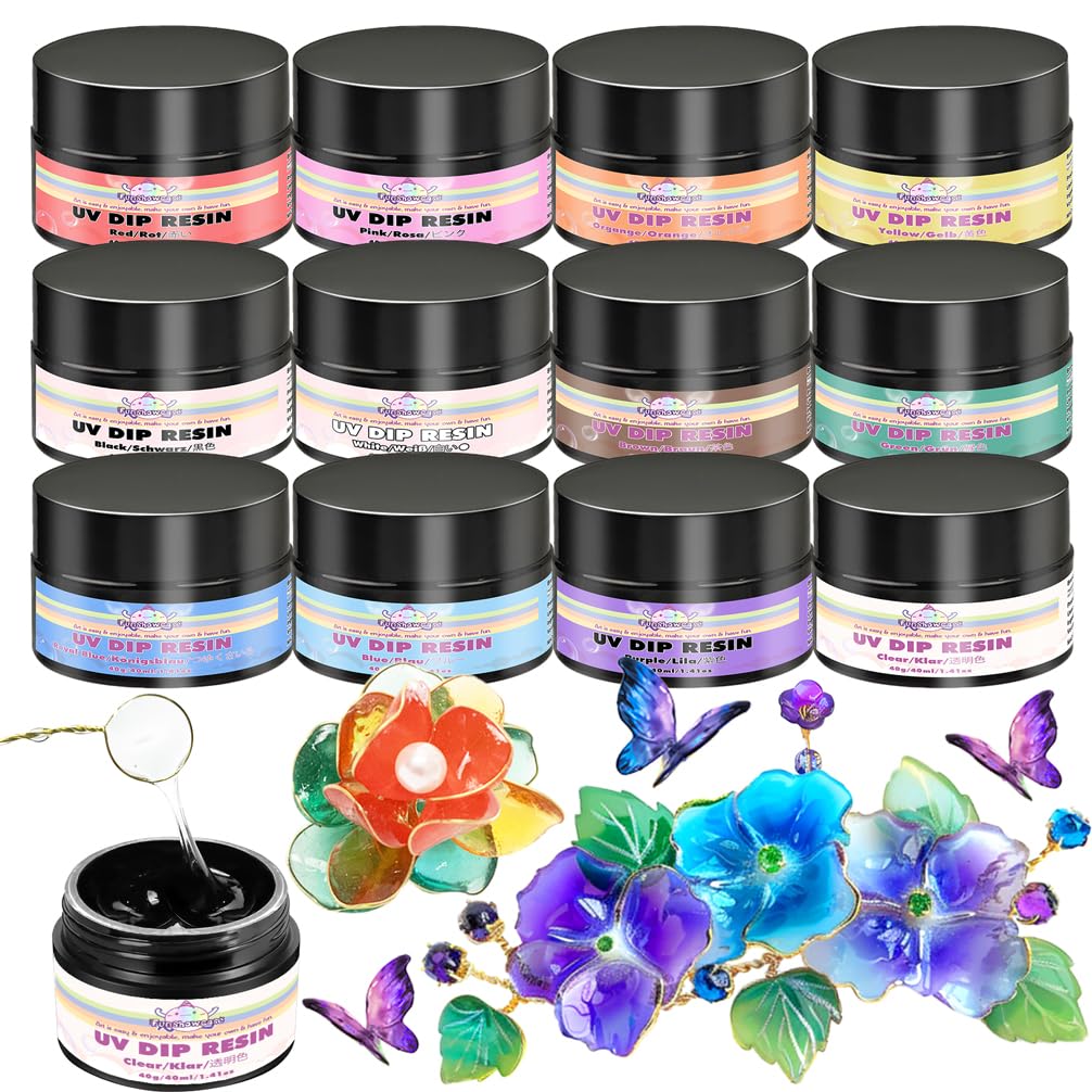 Résine UV à tremper pour formes de fil, résine UV à faible odeur et transparente pour pétales de fleurs en fil de fer, colle pour fabrication de bijoux 12 couleurs - 40 ml/chacune