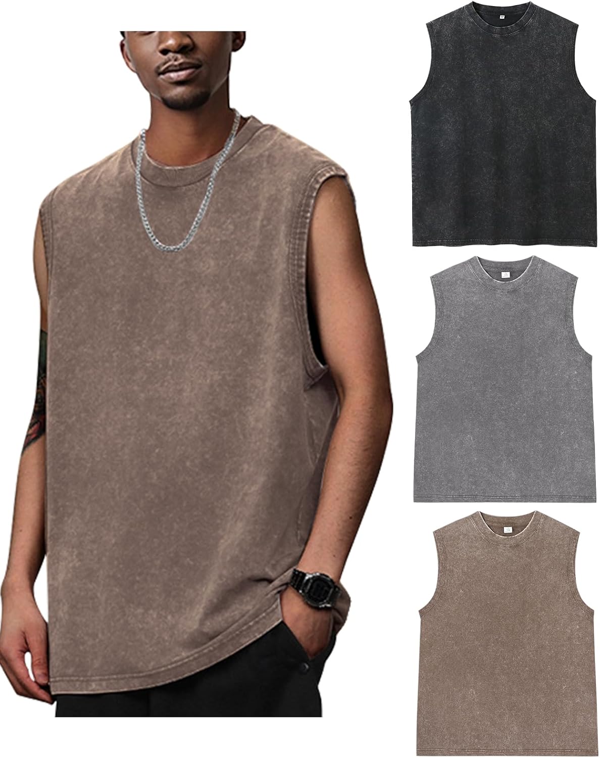 Arssm Mens Cotton Tank Tops Workout Sleeveless Tees Shirts Cut Off Muscle Gym Acid Wash Running Tees