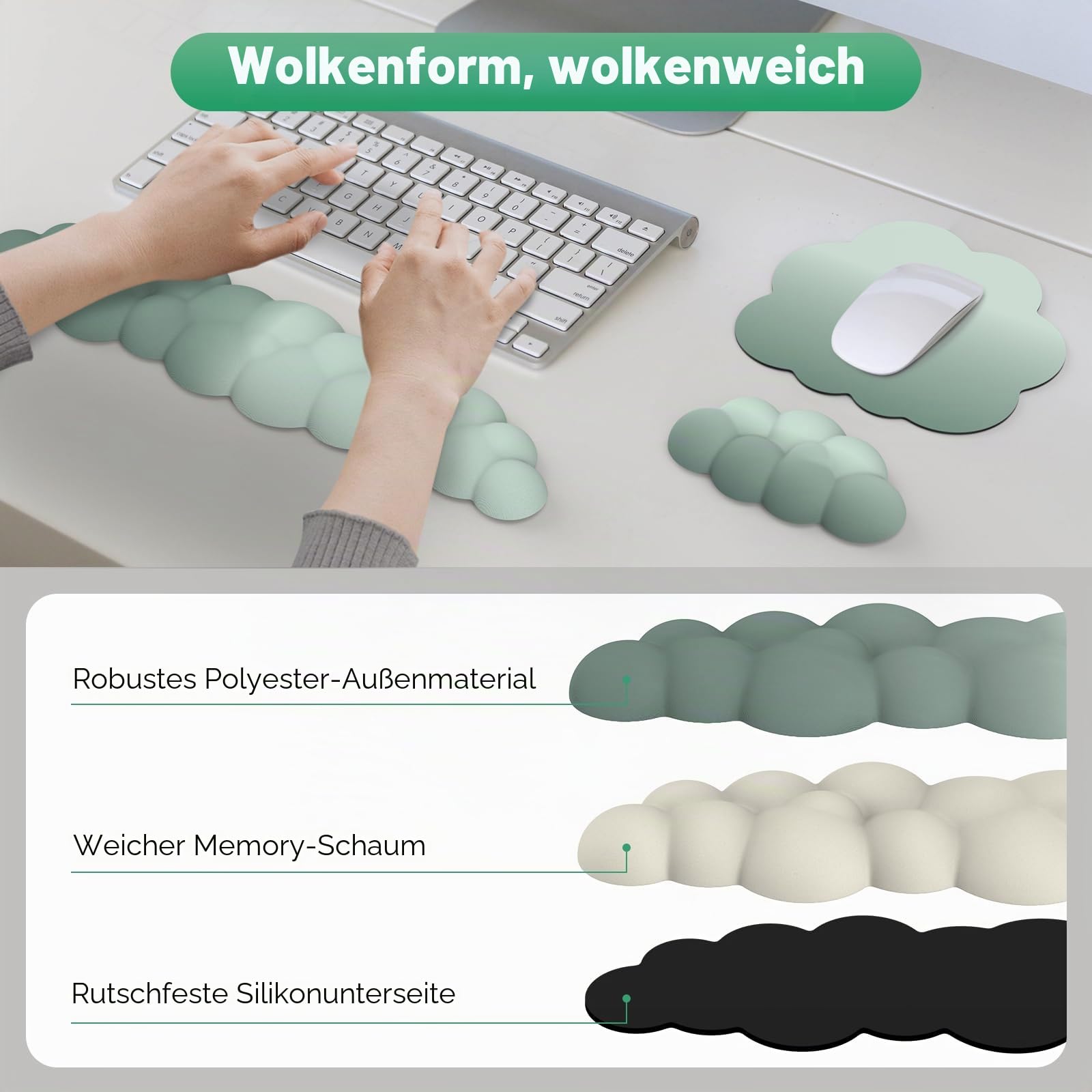 MoKo Wolke Handgelenkauflage, Ergonomisch Weich Cloud Handauflage Tastatur Maus Handballenauflage Set, Verbessertes Rutschfest PU Leder Mauspad für Büro Gaming Computer Laptop, Grün