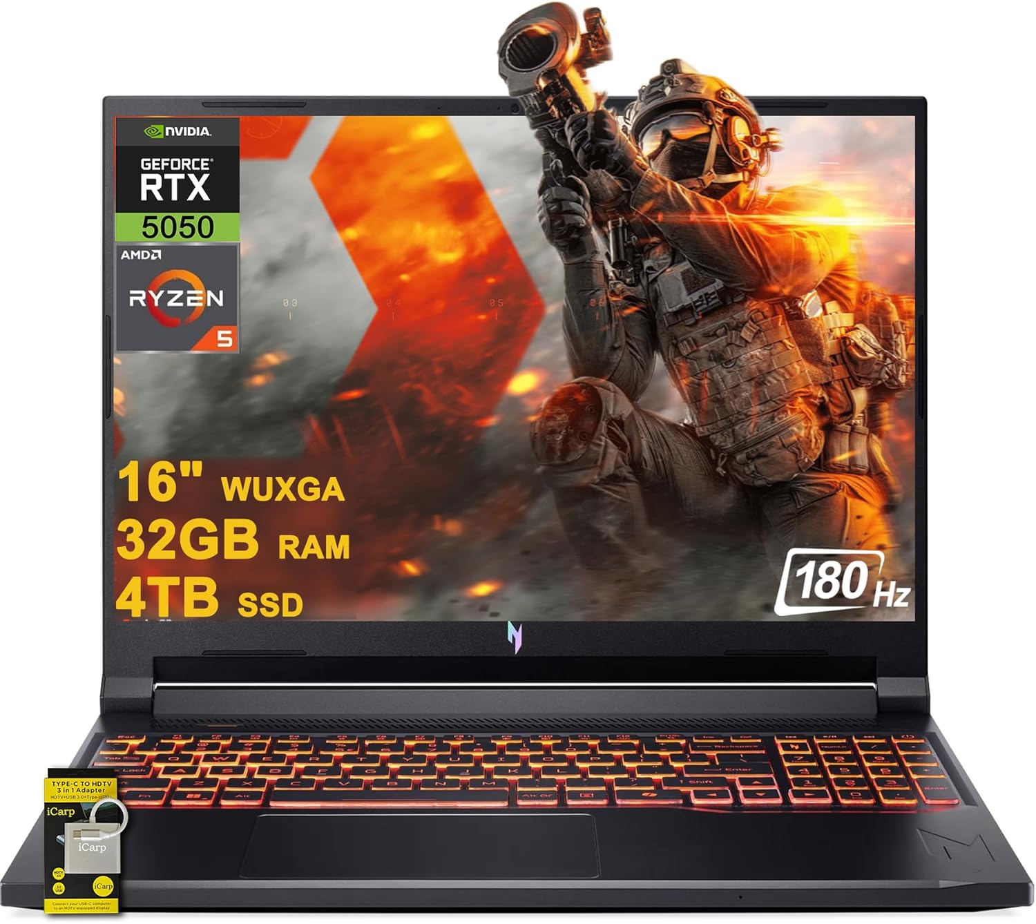 acer Nitro V 16 AI Gaming Laptop 16″ WUXGA IPS 180Hz AMD Zen 4 Hexa-core Ryzen 5 240 32GB RAM 4TB SSD GeForce RTX 5050 (Up to 421 AI Tops) Backlit Win11 w/ICP Hub