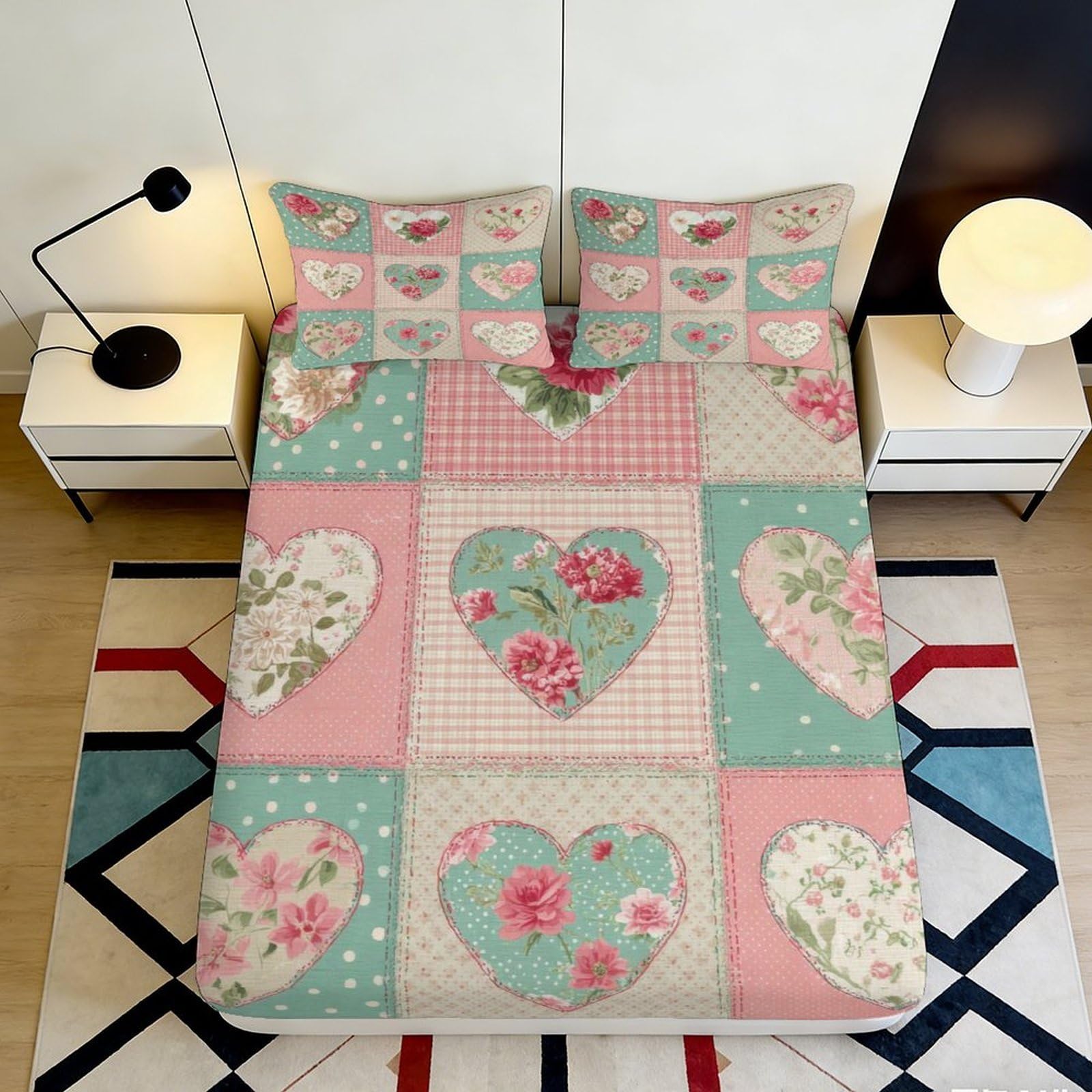 3D Printed Floral Heart Pattern Fitted Sheet Microfiber Soft Breathable Patchwork Bed Cover for Bedroom Dormitory Guest Room Mattress Protection 120x200x25cm