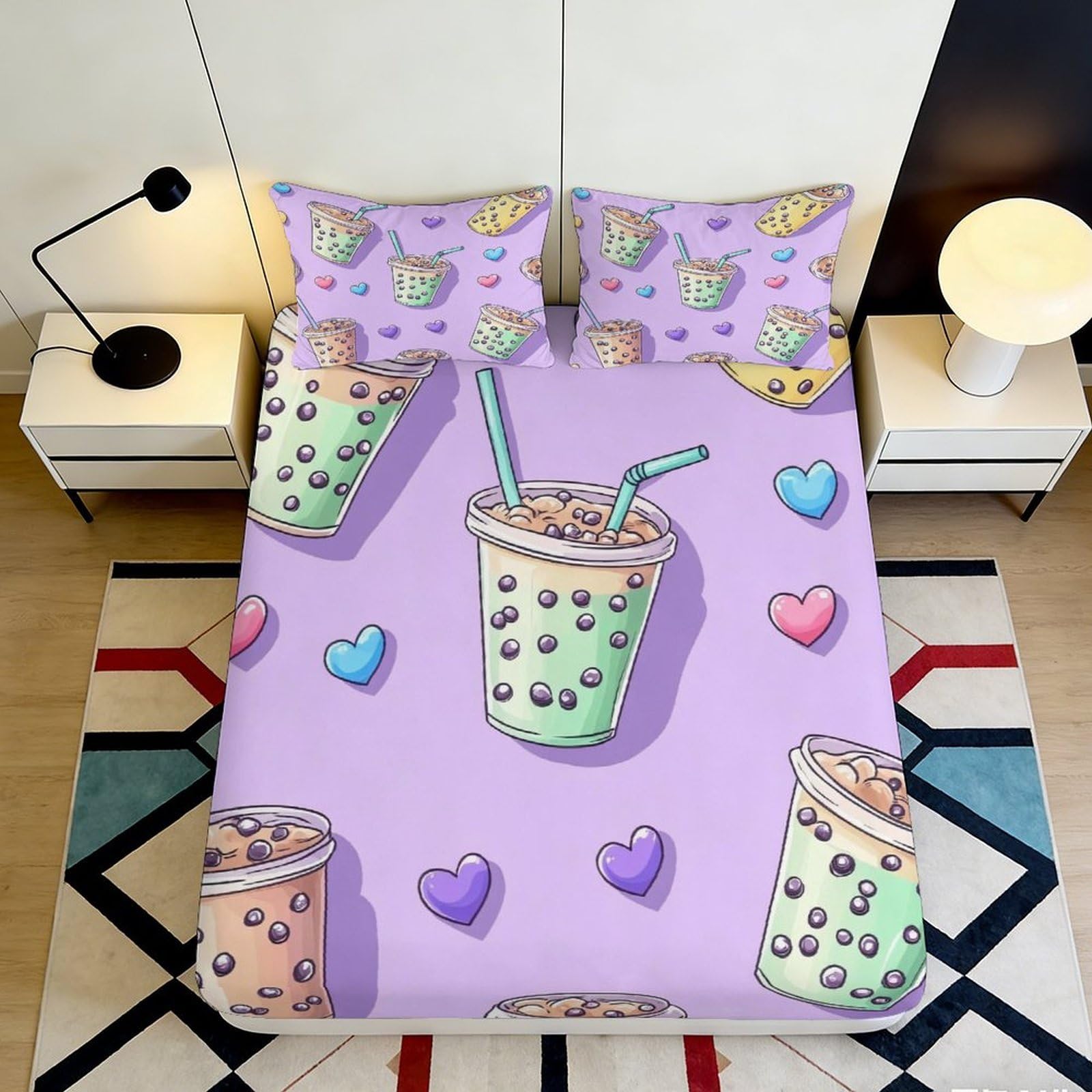 3D Printed Bubble Tea Pattern Fitted Sheet Microfiber Deep Pocket Soft Bedroom Bedding Bubble Tea Mattress Fitted Cover 200x200x25cm 90x200x25cm