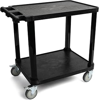 Pearington 2-Tier Compact Multi-Purpose Plastic Utility Cart with Lockable Wheels up to 150lbs, Black