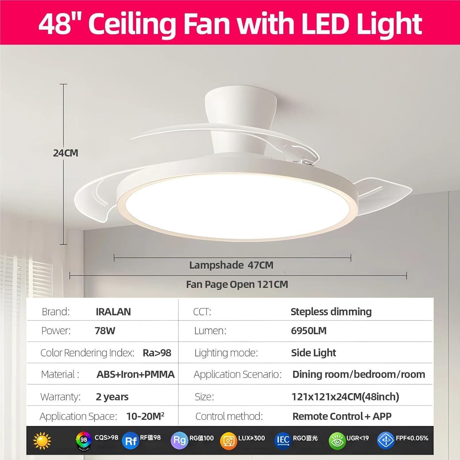 Modern Invisible Ceiling Fan with LED Light DC Motor Large Air Volume Remote Control for Bedroom Dining Room(48inch)
