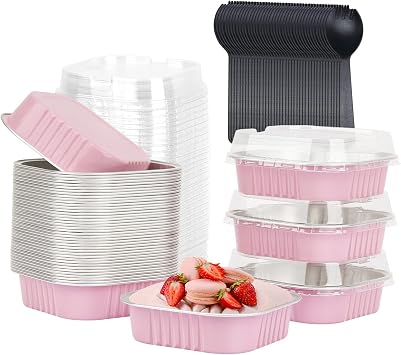 LNYZQUS 4 Mini Pie Tins Muffin Pans With Lids 40 Pack, 7.5oz Aluminum Foil Muffin Tins Individual Small Cake Pans Dishes,Disposable Ramekins Baking Cups Contaniers-Pink