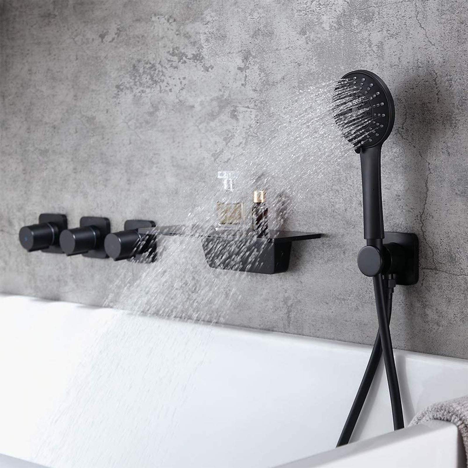 Grifo de bañera en Cascada, Grifo de bañera Romana con Ducha de Mano, Grifo de bañera de latón Macizo de 3 manijas y 5 Orificios, grifos de bañera de Montaje en Pared, Negro Mate.