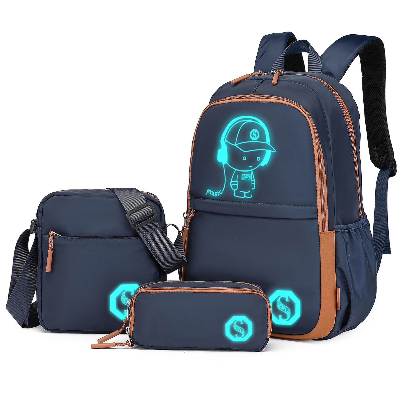 Kono Mochila Escolar Luminosa 3-en-1, Bolsa de Hombro y Estuche para Lápices para Chicos de Anime, Mochila para Portátil de 15.6" para Estudiantes Adolescentes Chicas (Azul Marino)