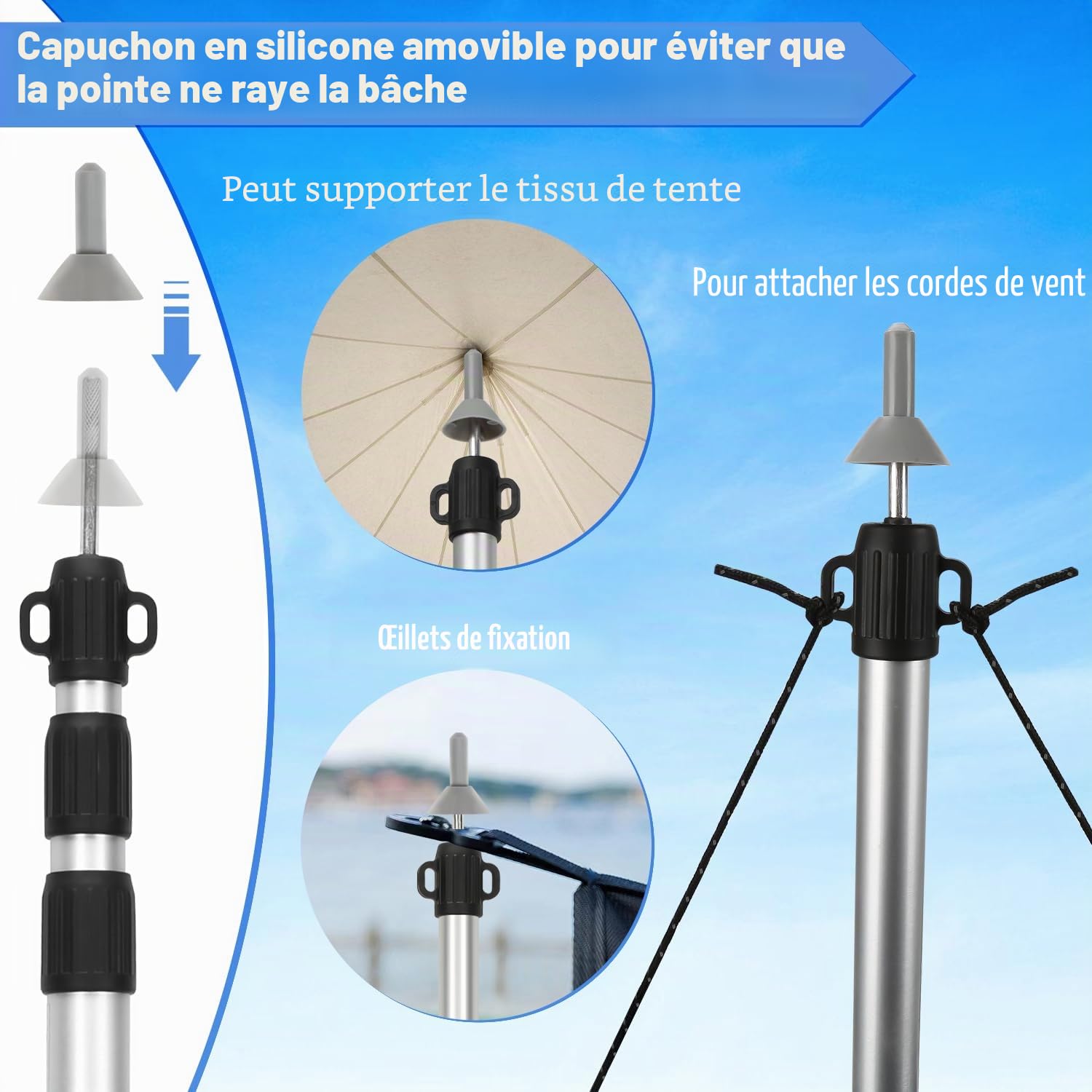 Fiqops Barres de tente télescopiques pour camping, barres de tente en aluminium, réglables de 87,5 cm à 234,5 cm, avec 3 segments