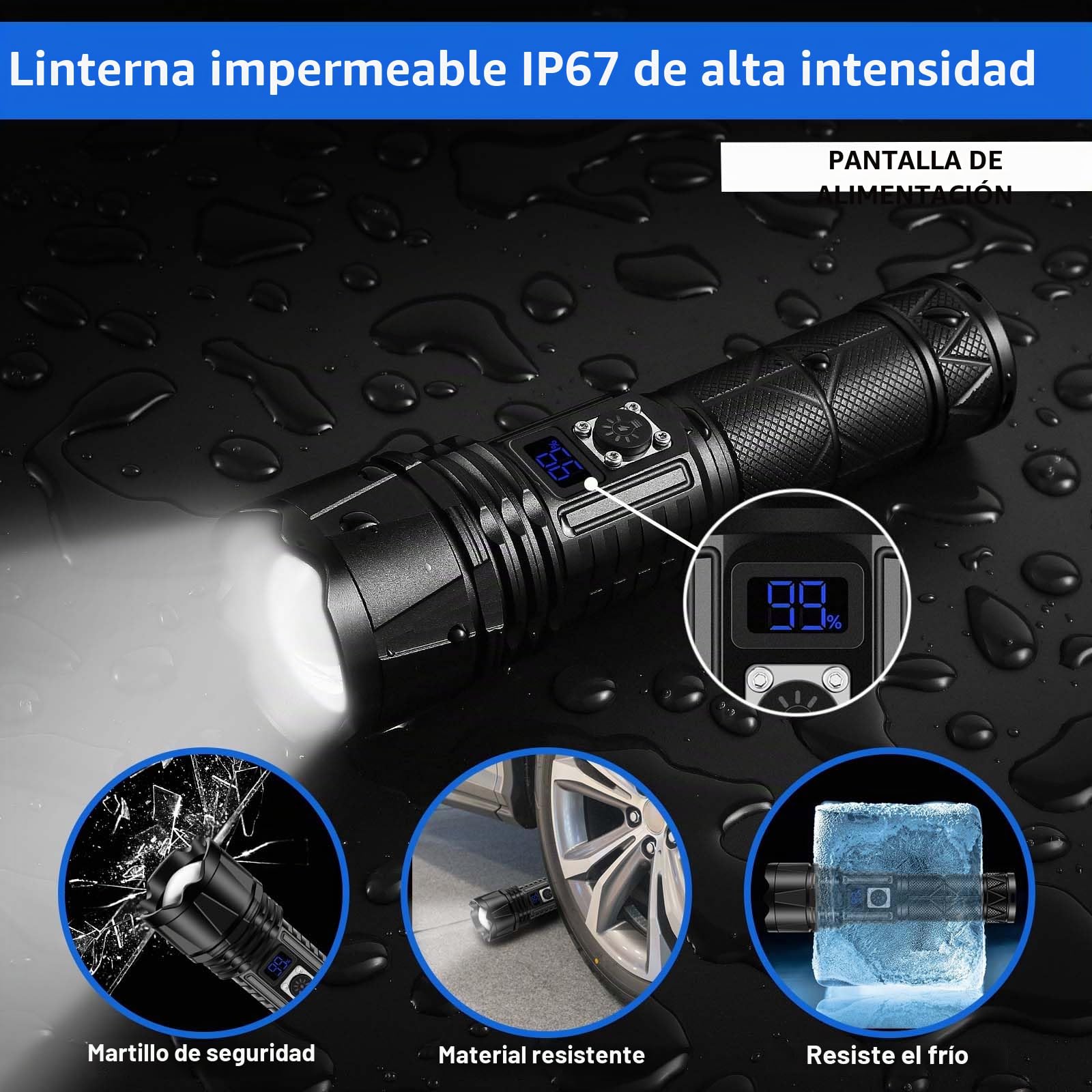 JAY-PARK Linterna LED recargable de 10000 lúmenes, linterna súper brillante con pantalla de alimentación digital y zoom, linternas de alto lúmenes recargables para camping, exteriores