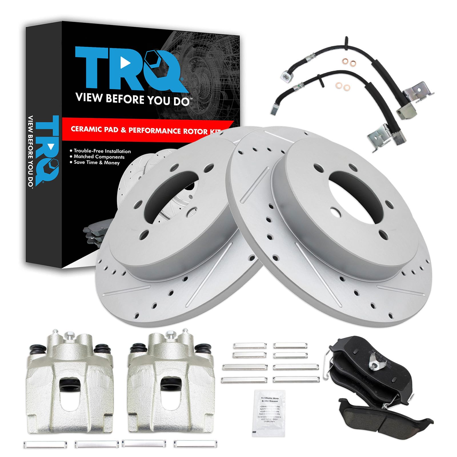 TRQ Performance Rear Brake Pad and Rotor Set Ceramic Slotted Drilled Coated Rotors Calipers Compatible with 2006-2010 Ford Explorer 2007-2010 Explorer Sport Trac Mercury Mountaineer