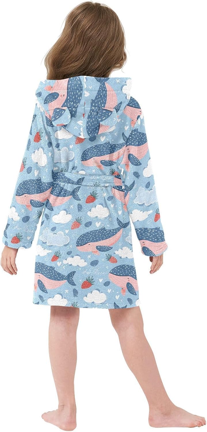 senya Whale Strawberry on Clouds Toddler Hooded Bathrobe Kids Soft Plush Bath Towel Robes for Boys Girls 2-12 Years