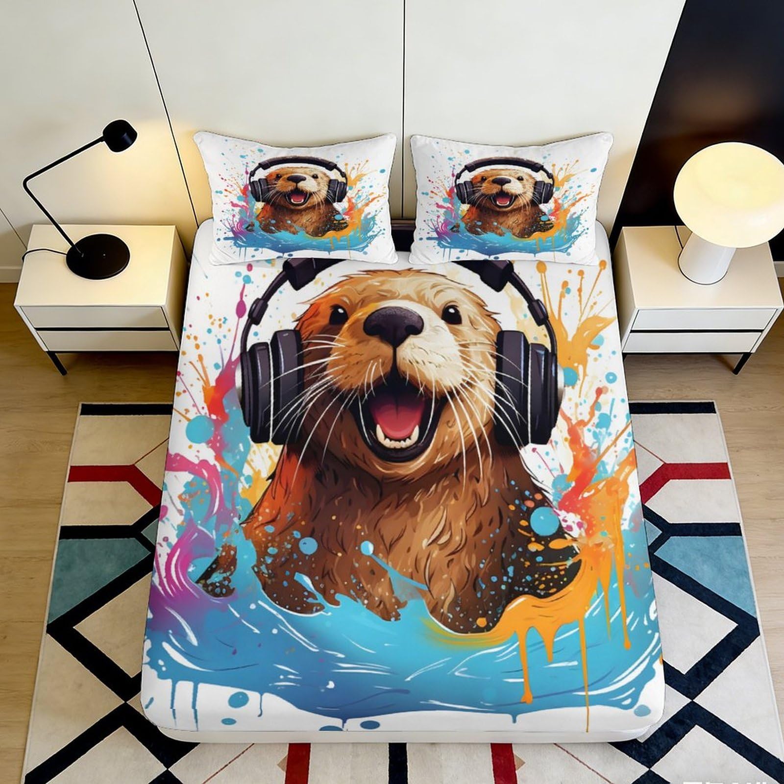 3D Printed Otter Headphones Fitted Sheet Microfiber Soft Anti-Slip Mattress Cover for Bedroom Dorm Decor 90x200x25cm