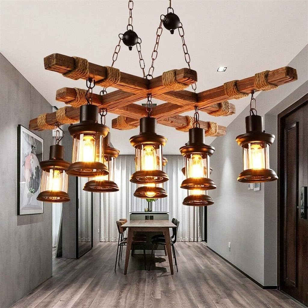 Hemp Rope Wooden Chandelier 8-Lights Black Retro Metal Glass Pendant Lights E27 Industrial Dining Room Pendant Lamp