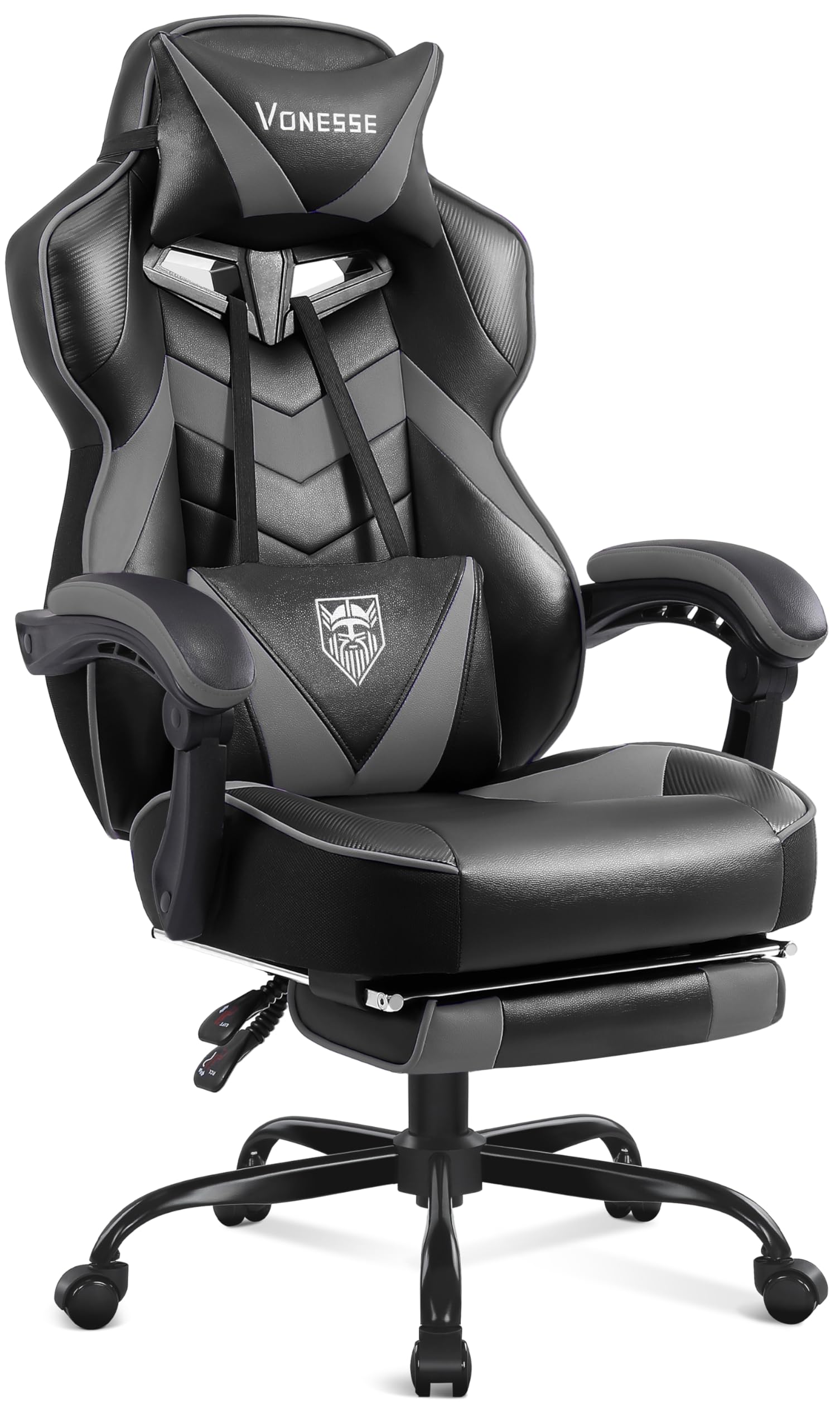 Vonesse Gaming Chair, High Back Gaming Chair with Footrest and Massage, Gaming Chairs for Adults with Pocket Spring Cushion, Big and Tall Reclining Computer Chair with Lumbar Support (): Grey/Black