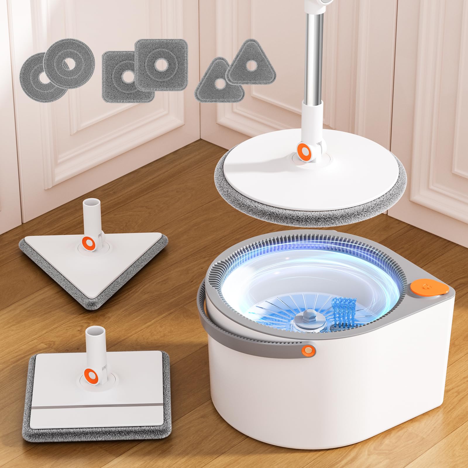 Wischmopp Set mit Eimer, Sprüh-Wischsystem mit Abstreifer, Kein Wischen im Schmutzwasser, 3 Moppköpfe (Flach, Rund, Dreieck), Wassersparend, 360° drehbar, für Laminat, Fliesen, Parkett, Küche & Bad