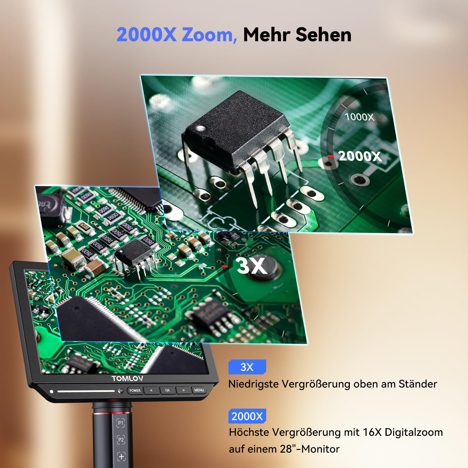 TOMLOV TM4K-AF Flex 4K Autofokus Digitales Mikroskop HDMI, 8" IPS Münzen Vergrößerung 2000X, 52MP Mikroskopkamera für Löten, mit Flex Arm, Multifunktionale Lötmatte, Seitenlichter, 64GB-Karte