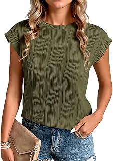 Women's Trendy Fashion Pleated Short Sleeve Top Casual Round Neck Textured Blouse Loose Fit Summer Shirt for Daily Wear Vacations