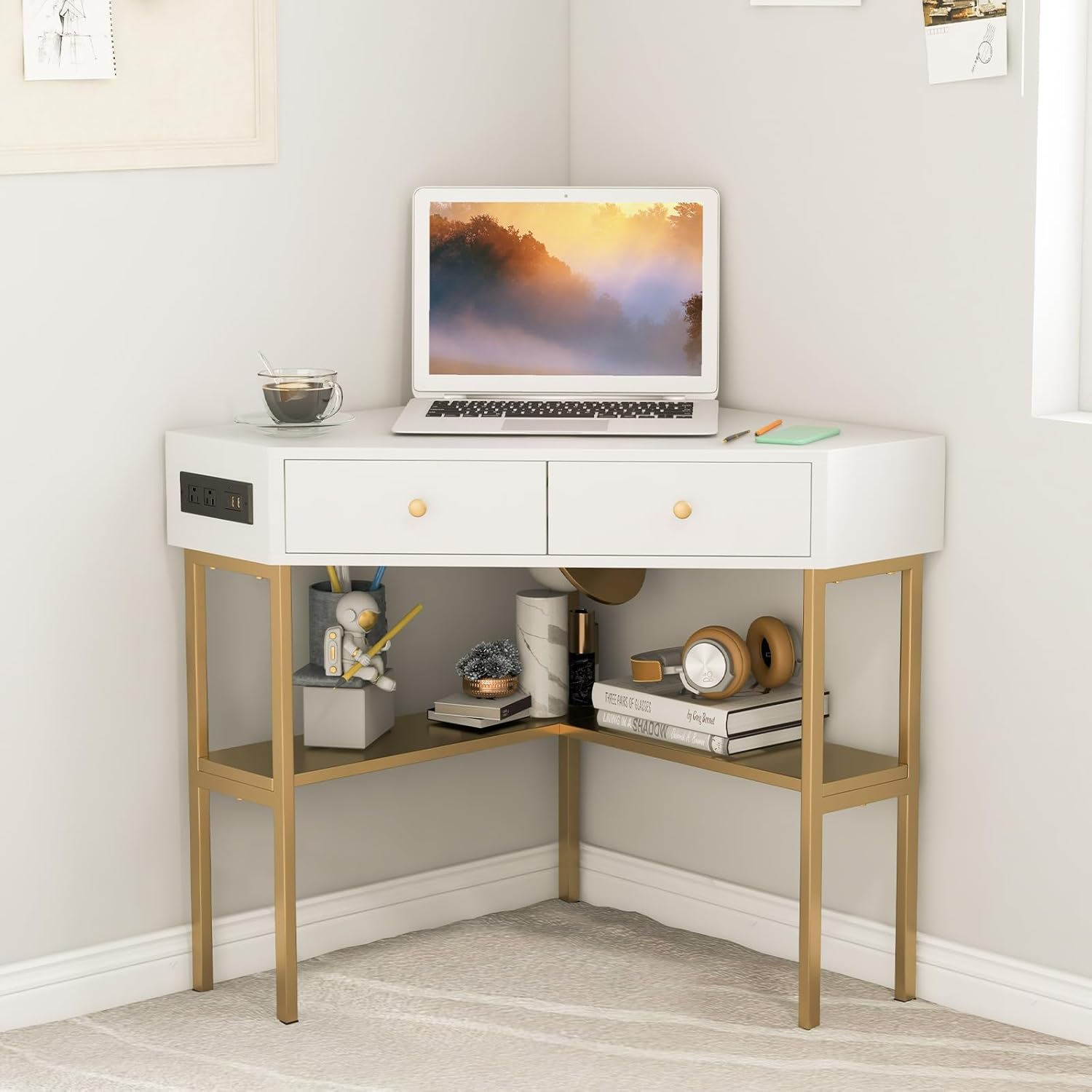 POWERSTONE Corner Desk with Charging Station & 2 Drawers, Space-Saving Makeup Vanity Triangle Computer Desk Workstation with Storage Shelves for Bedroom, Study Gold Legs