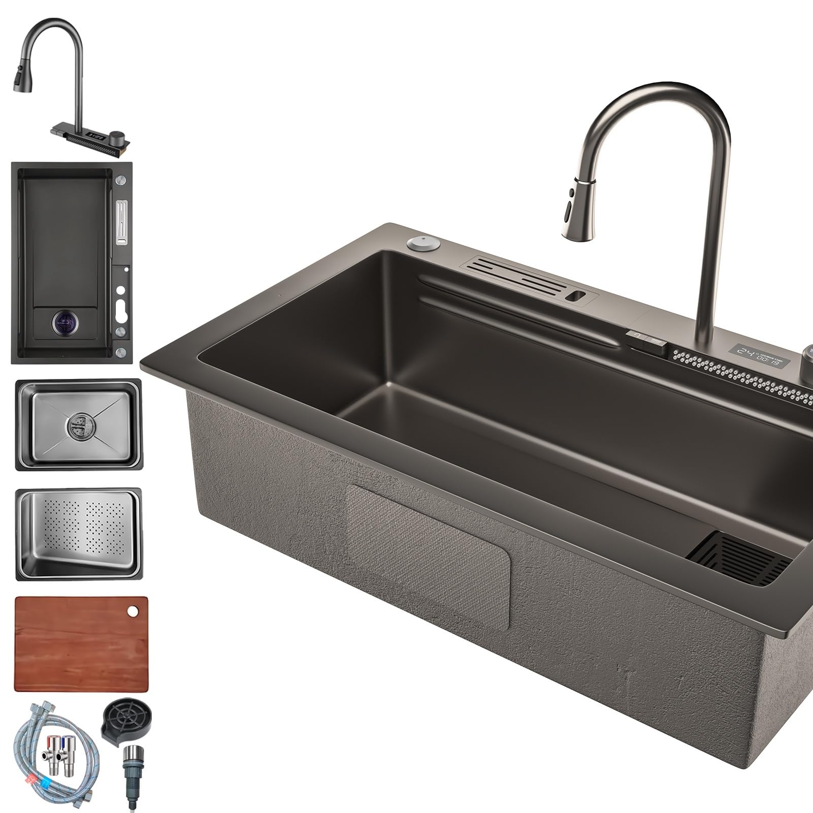 ZQFHSX Top Mount Waterfall Kitchen Sink Workstation, Stainless Steel Nano Single Bowl Bar with Pull-Out Faucet, Cup Washer, and Complete Accessory Set, Quiet Operation(Black-Gray,75x46cm)