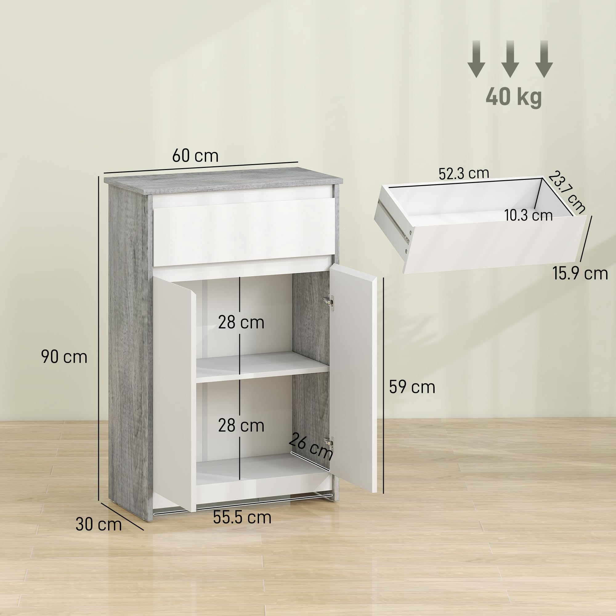 kleankin Mobile Bagno con Cassetto e Ante Doppie Grigio e Bianco | Mobiletto Bagno Salvaspazio, per Lavanderia, Effetto Legno
