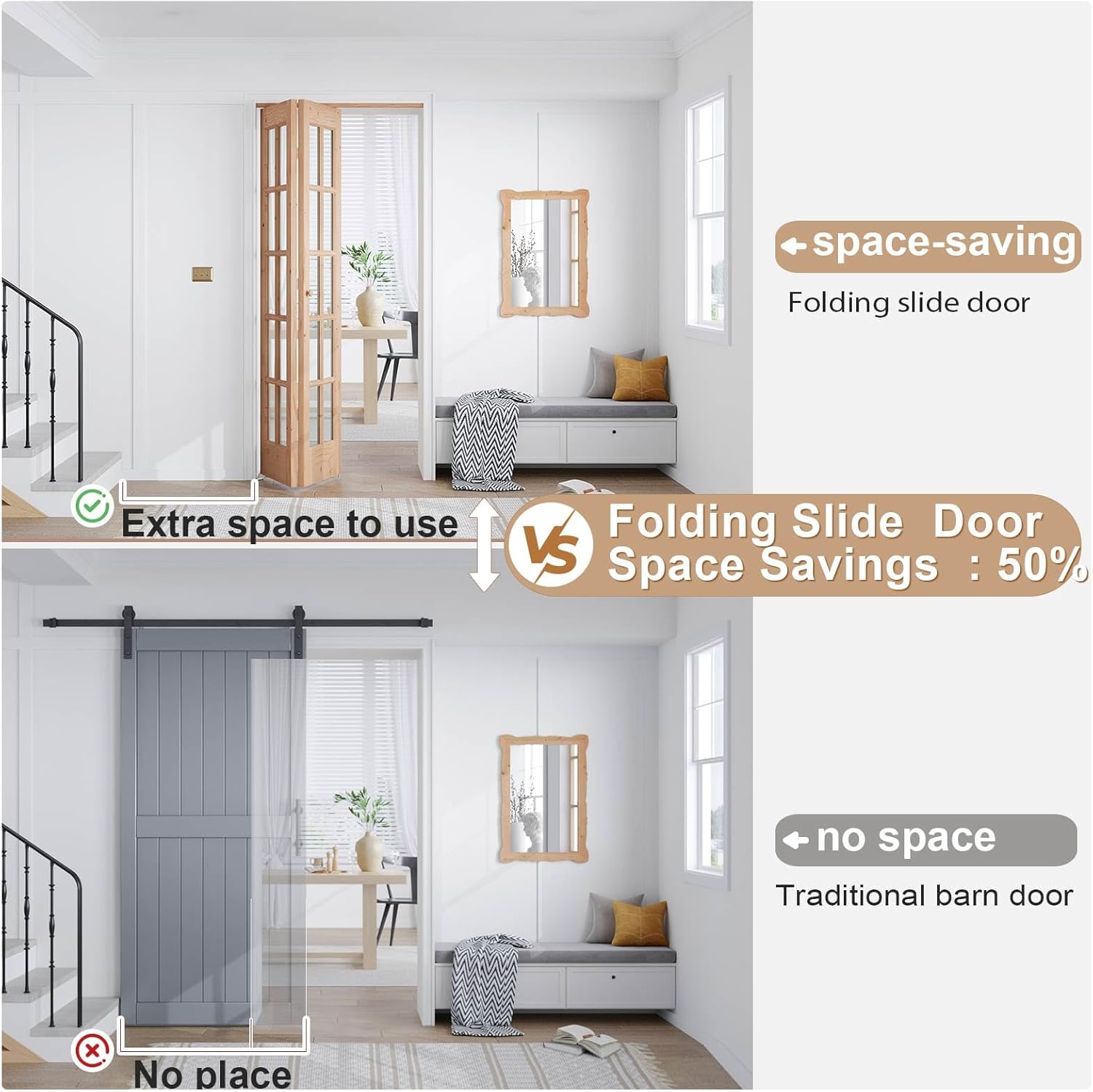 EaseLife Bifold Closet Door,for 36in x 80in (Double 18x80) Opening,French Glass Barn Doors with 3FT Concealed Bi-Fold Sliding Hardware Kit Included,Preassembled Door,Easy Install,DIY staining 35 1/2" (Double 17 3/4") x 78 3/4''