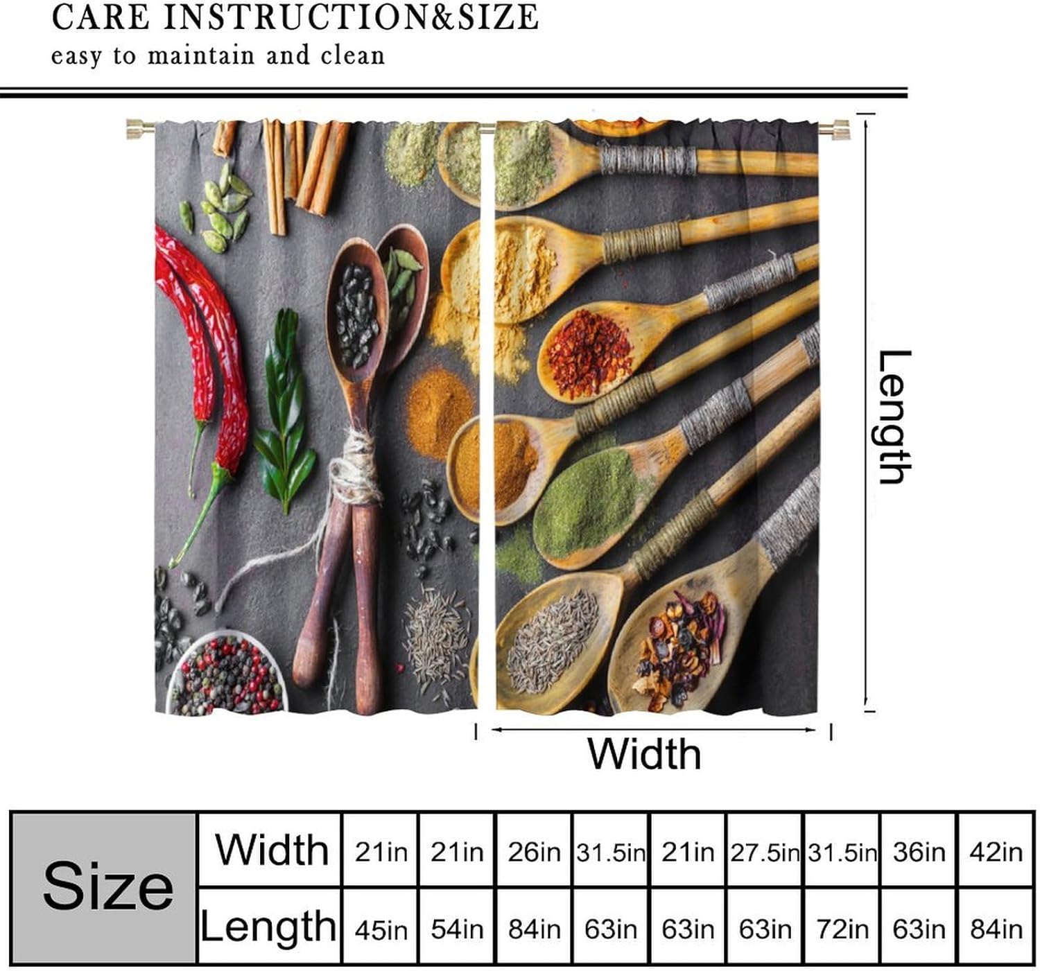Seasoning Kitchen Curtains Colorful Rustic Spice Spoon Pattern Blackout Print Rod Pocket Window Drapes for Bedroom Living Room 72x63in