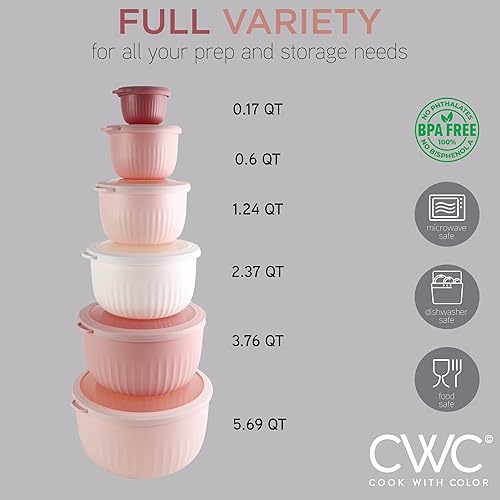 Vista 16 de COOK WITH COLOR - Juego de tazones de preparación profundos con tapas, para mezclar, de plástico, pequeños y apilables (color rosa/gris)