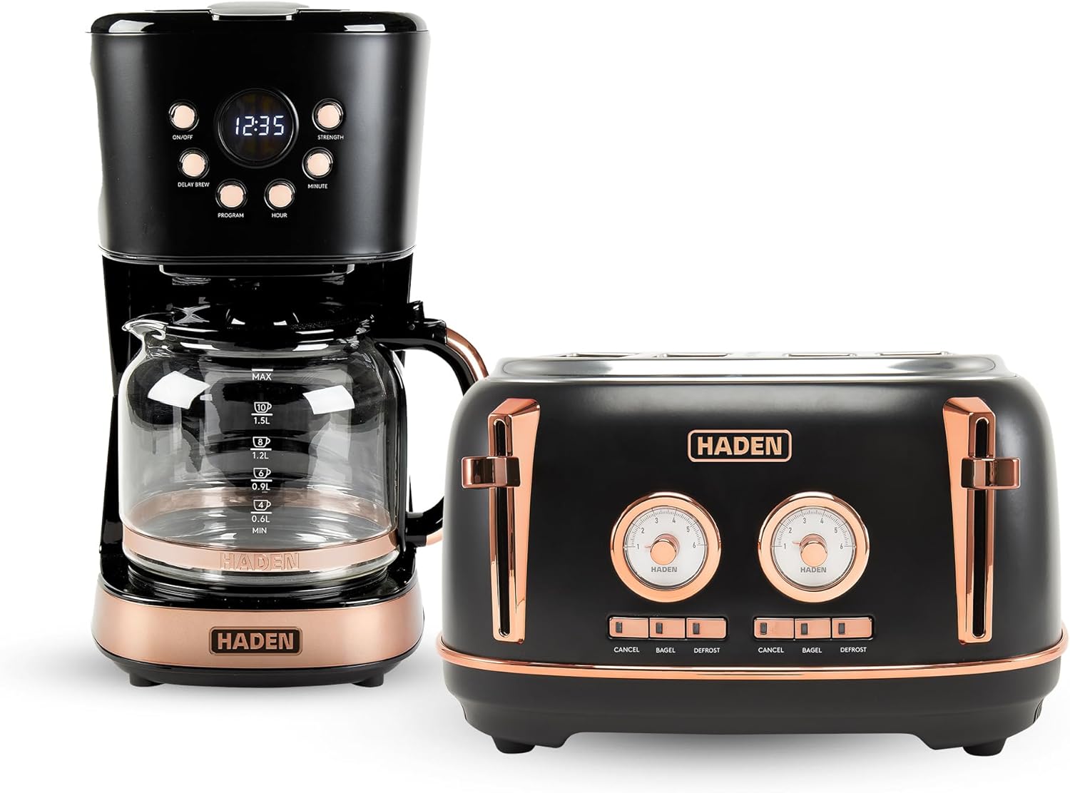 Haden Dorset 4 Slice Wide Slot Stainless Steel Toaster Bundled with 12 Cup Programmable Drip Coffee Maker Coffee Machine, Black & Copper
