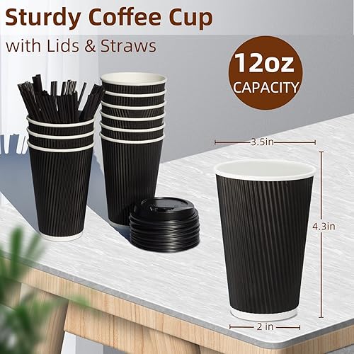 Miniatura 3 de Tazas de café de papel desechables de 16 onzas con tapas, 100 unidades, tazas desechables aisladas con funda de doble pared, perfectas para bebidas