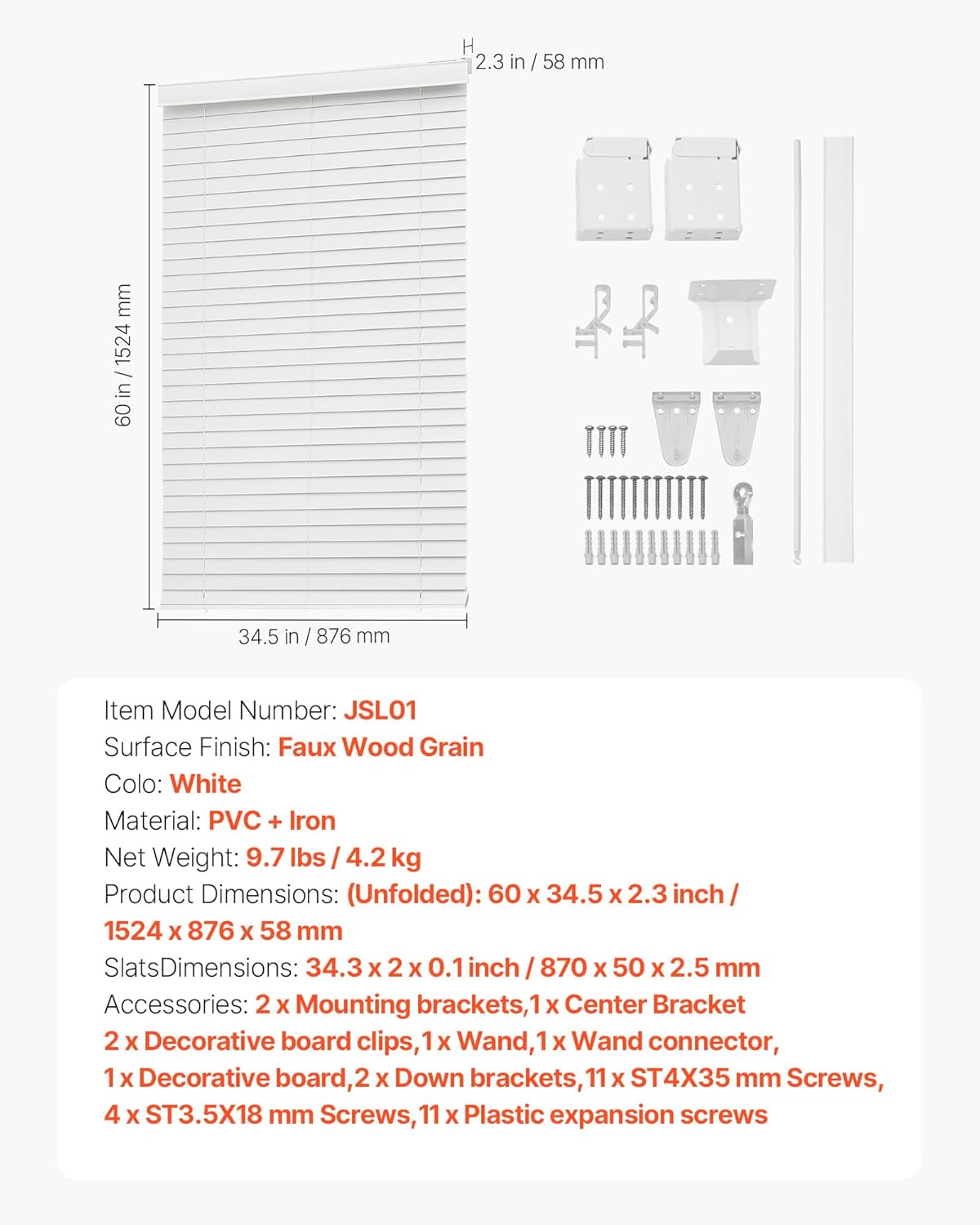 VEVOR Faux Wood Blinds, 2" Slat, 34.5" W x 60" H, Cordless Window Blinds and Shades with Decorative Board, Easy to Clean and Simple Light Adjustment, for Room Darkening, Home Interior Windows, White