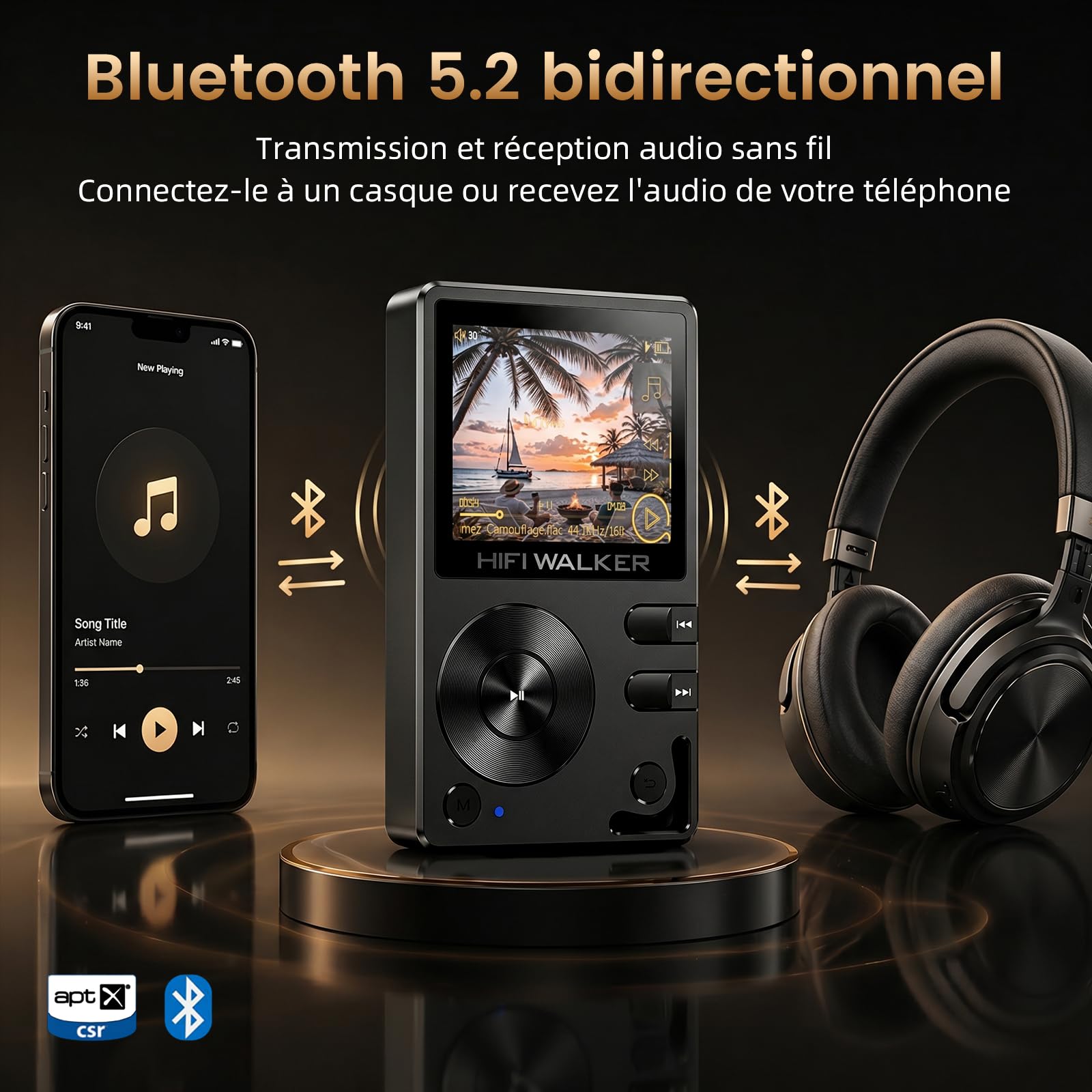 HIFI WALKER H2 Lecteur MP3 Bluetooth Hi-Res, Baladeur MP3 HiFi Audiophile 64 Go, DAC ESS DSD FLAC, Lecteur Audio Portable, Boîtier Zinc, USB DAC, Line Out, Extensible Jusqu’à 512 Go