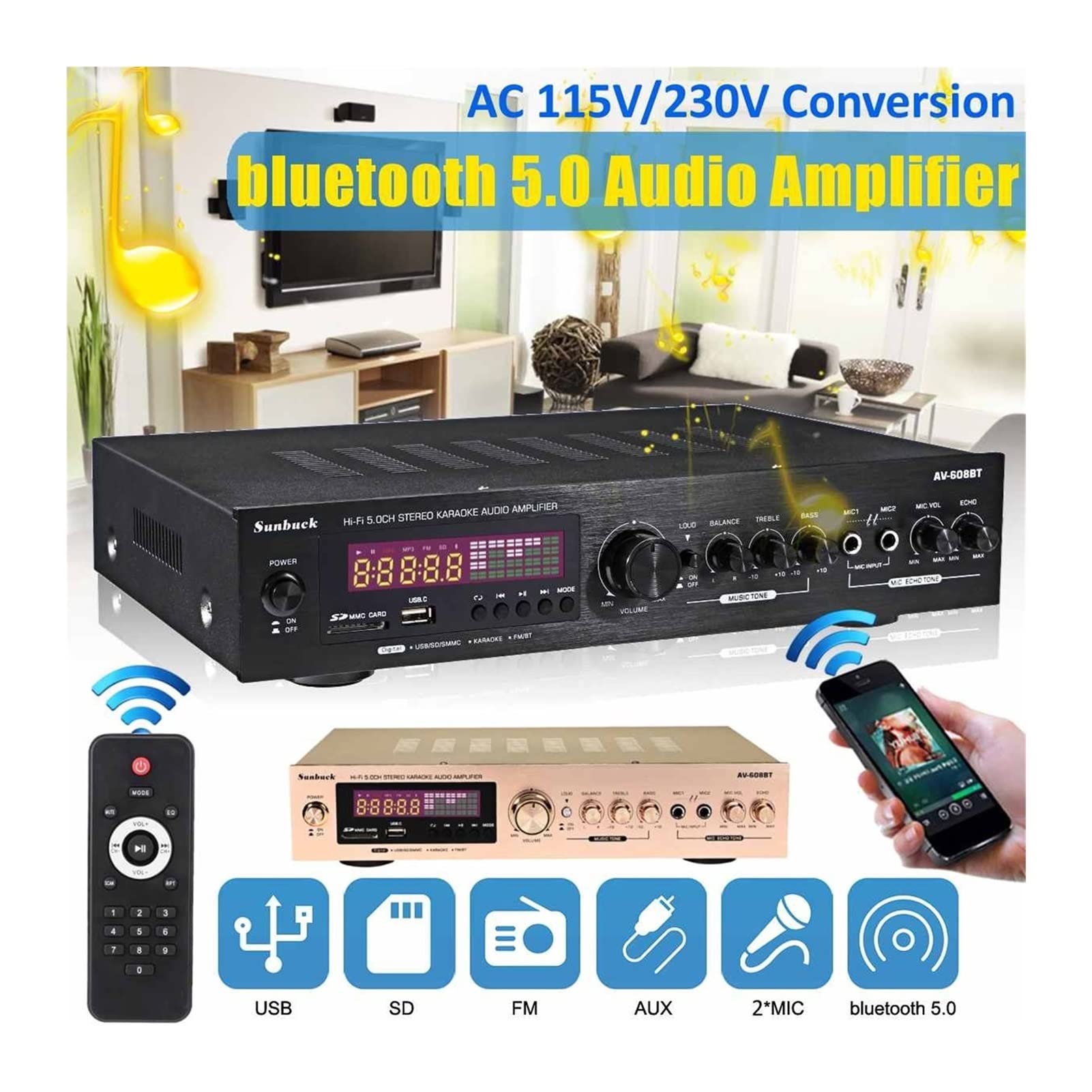 1200W Wzmacniacz Bluetooth 2CH HIFI Moc dźwięku stereo AMP USB FM Radio samochodowe kina domowego z pilotem(608BT black US)