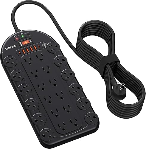 Miniatura 8 de Regleta de alimentación, 24 salidas de CA (1875 W15 A) con 6 USB (2 puertos USB-C), protector de sobretensiones (3,400 julios), cable de extensión