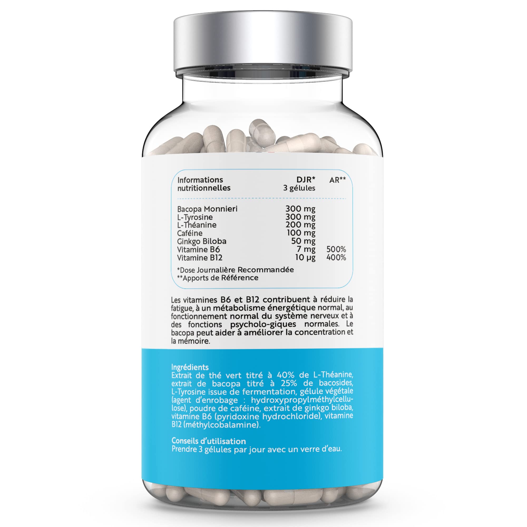 Nootropique | Booster de Concentration, Énergie et Mémoire | Bacopa Monnieri, L-Tyrosine, Caféine, L-Théanine, Ginkgo Biloba, Vitamine B6 & B12 | 90 gélules | Fabriqué en France