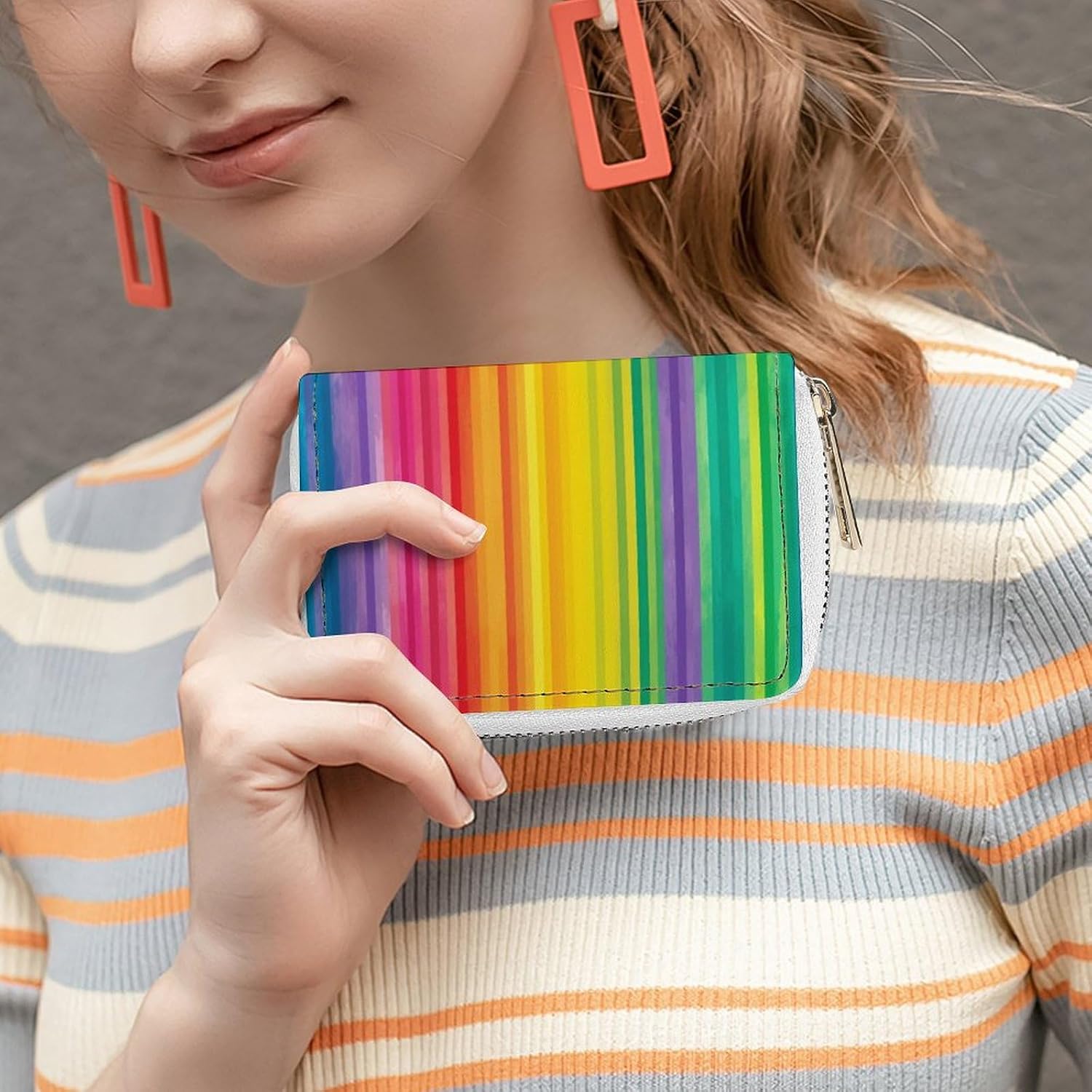 Leather Card Organizer Case Card Wallet Credit Card Holder Rainbow Colored Striped Printed Zipper Card Cases Holder for Women Men