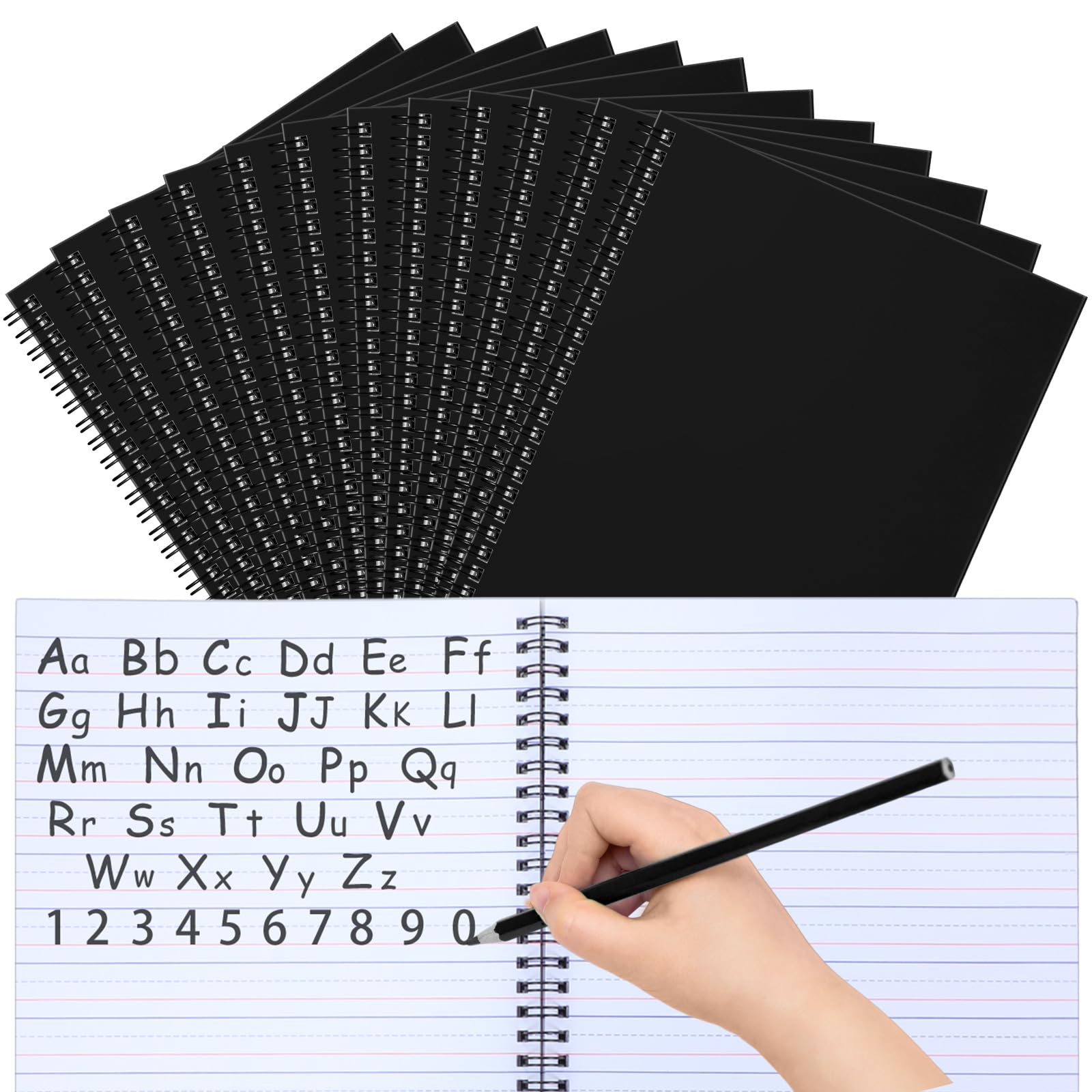 Gilprop Quaderno a spirale K-2 per composizione primaria, fogli a righe larghe, 100 fogli, 24,9 x 19,1 cm, per scuola materna, scuola materna, quaderno per scrivere a mano per bambini (nero