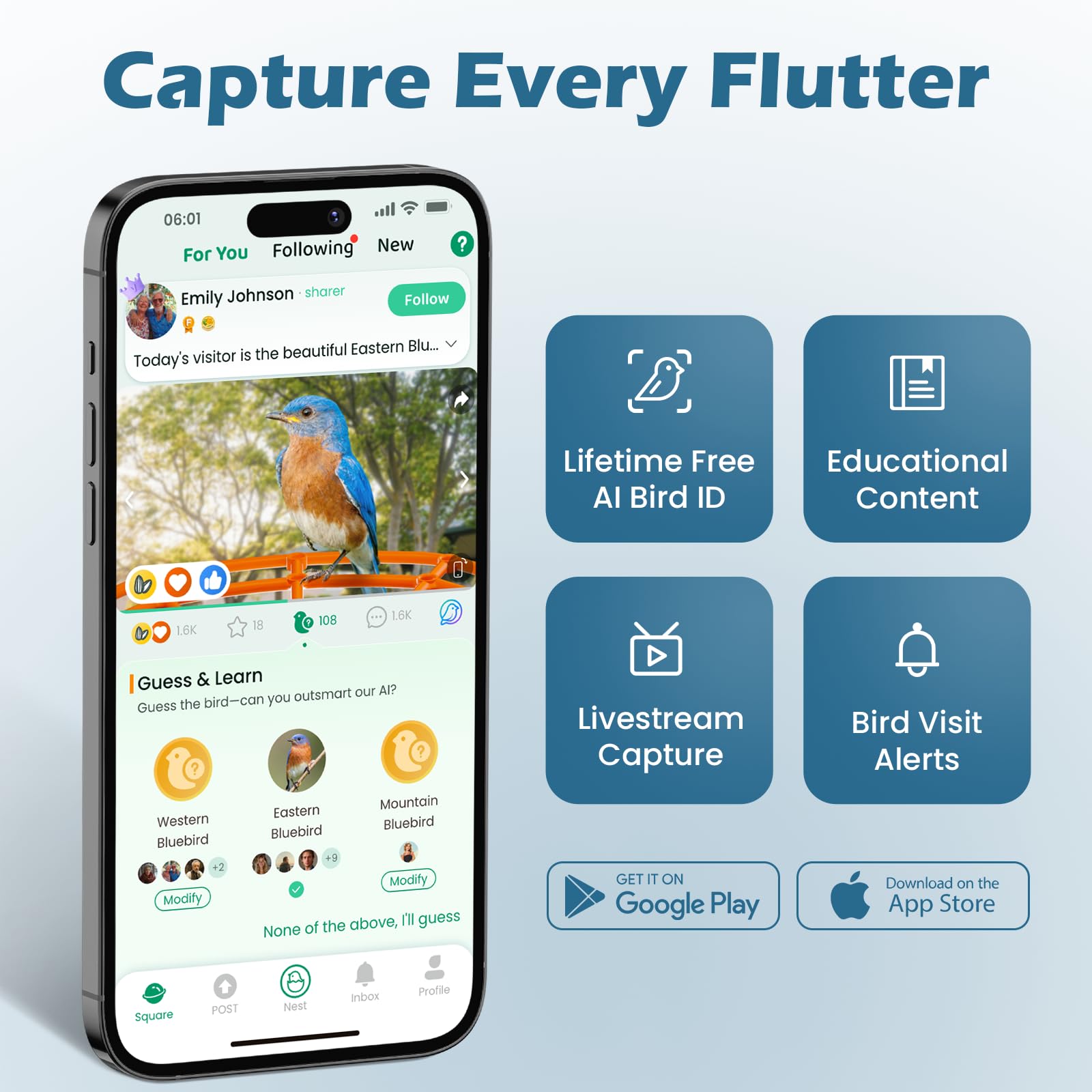 Smart Bird Feeder with Camera, Birdwatching Camera with Lifetime Free AI Identify Bird Species & Solar Panel, Auto Video Capture & Instant Notifications, Ideal Gifts for Lover, Deep Blue