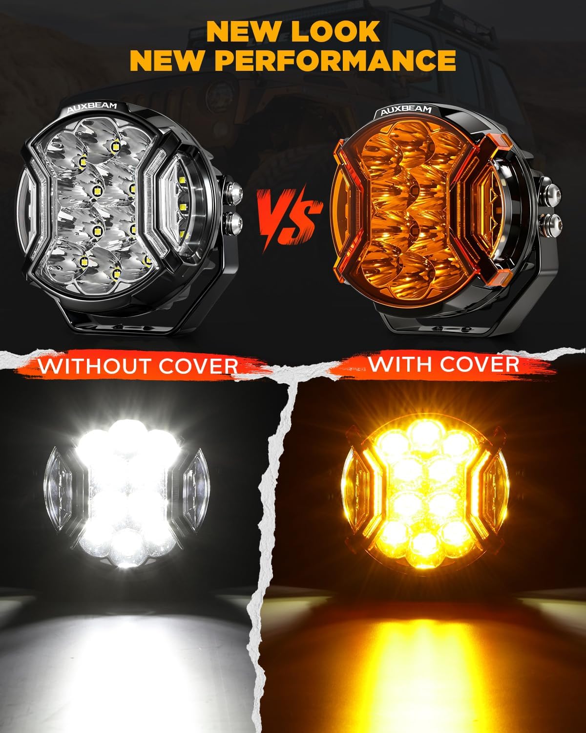 Auxbeam V-Ultra Series 5 Inch Deep Amber Light Covers 2300K Dark Amber Tone Round Offroad Lens Cap Smoked Tint Reduce Glare for Fog & Dust Low Visibility, 2 Packs