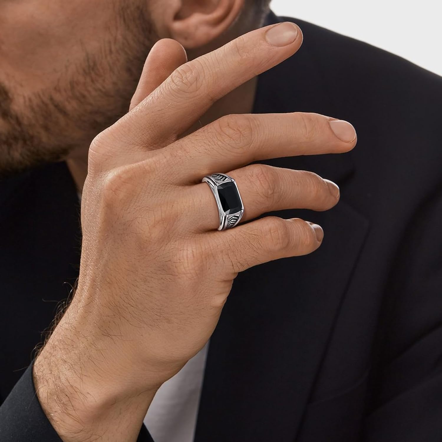 925 Sterling Silver Mens Teal Turquoise/Synthetic Black Onyx Rings Handmade Arrow Design Band Width 3.5mm Anillos de Hombre Thumb Ring for Birthday Jewelry Gift, Size 8-12 - Image 6