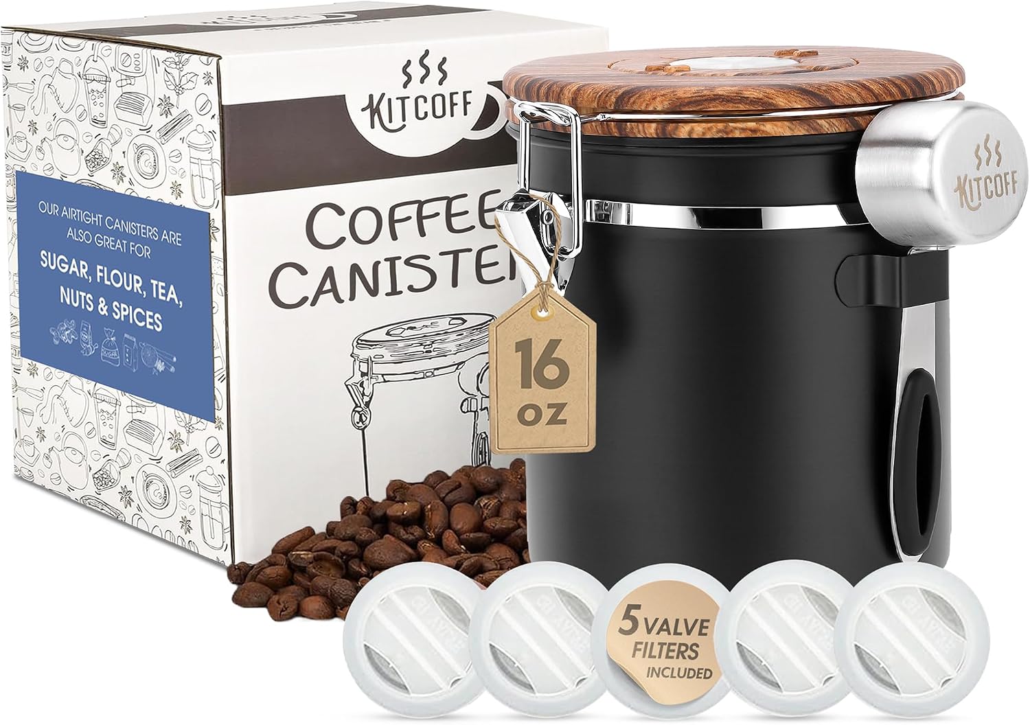 Coffee Grounds and Beans Container Canister with Date Tracker, CO2-Release Valve and Measuring Scoop - Made of Stainless Steel with Airtight Lids - Medium, 16oz, Black w/Wood Print Lid