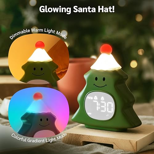 Miniatura 4 de Yiliaw Reloj despertador para niños con luz nocturna, reloj despertador de árbol de Navidad, lindo reloj despertador recargable para dormitorio,
