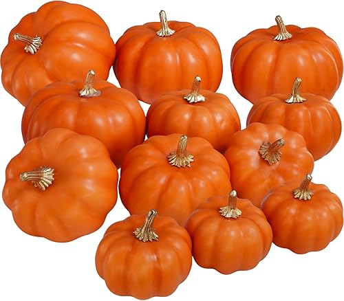 Winlyn 12 calabazas artificiales surtidas de color naranja cosecha, pequeñas calabazas decorativas de otoño, calabazas de espuma sintética de color