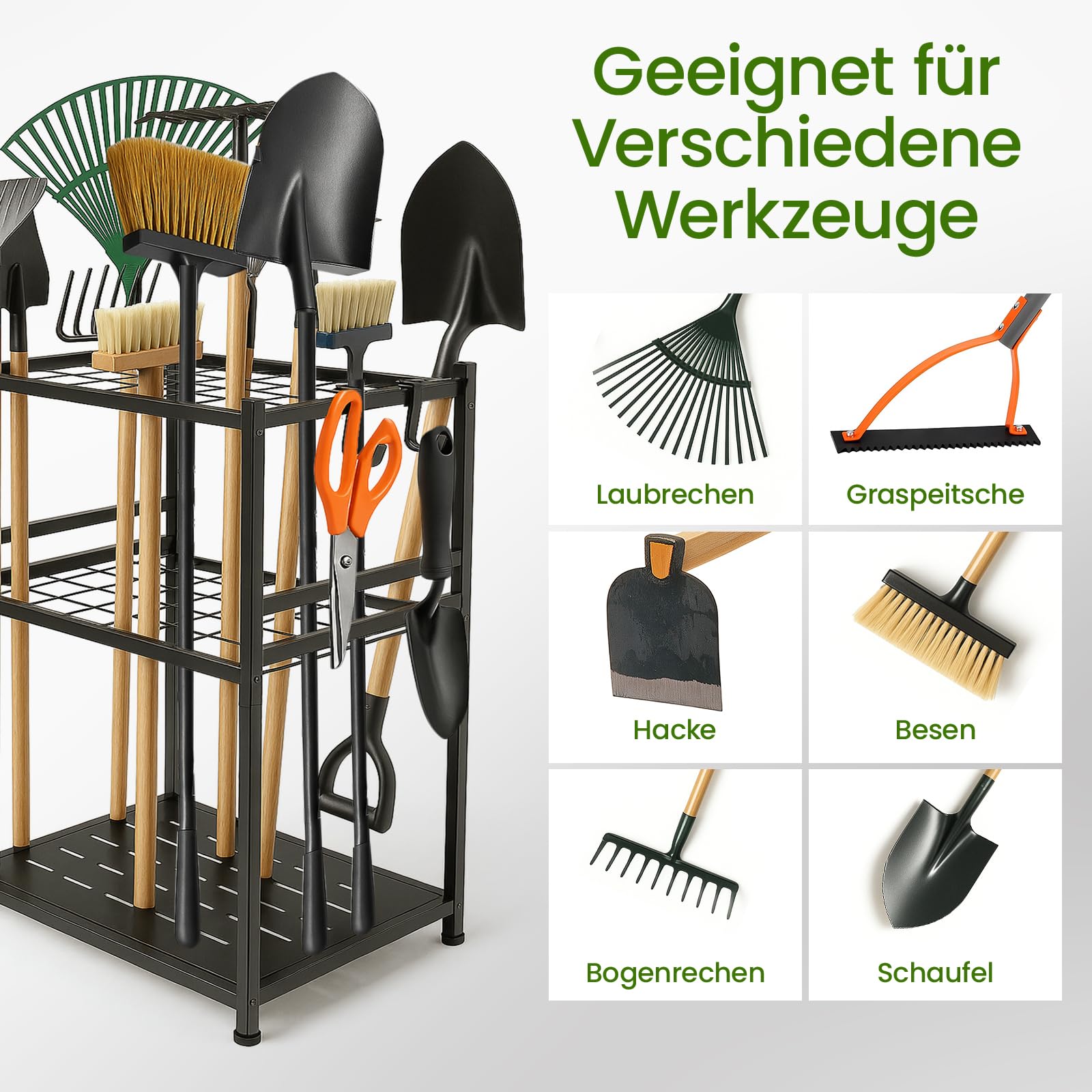 Gartenwerkzeug-Ständer aus Metall – Platz für 35 Werkzeuge, Höhenverstellbar & Kompakt | Ordnungssystem für Garage, Schuppen & Garten | Mit Haken für Rechen, Besen & mehr | Robuster Schwarzer Werkzeu